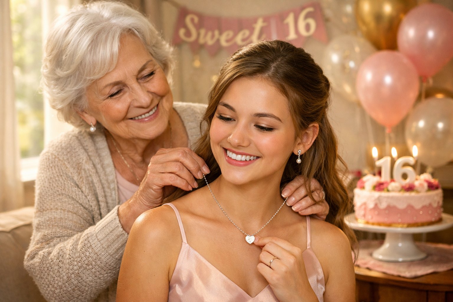 A grandmother placing a necklace around her teenage granddaughter's neck during a Sweet 16 birthday celebration in a cozy living room.
