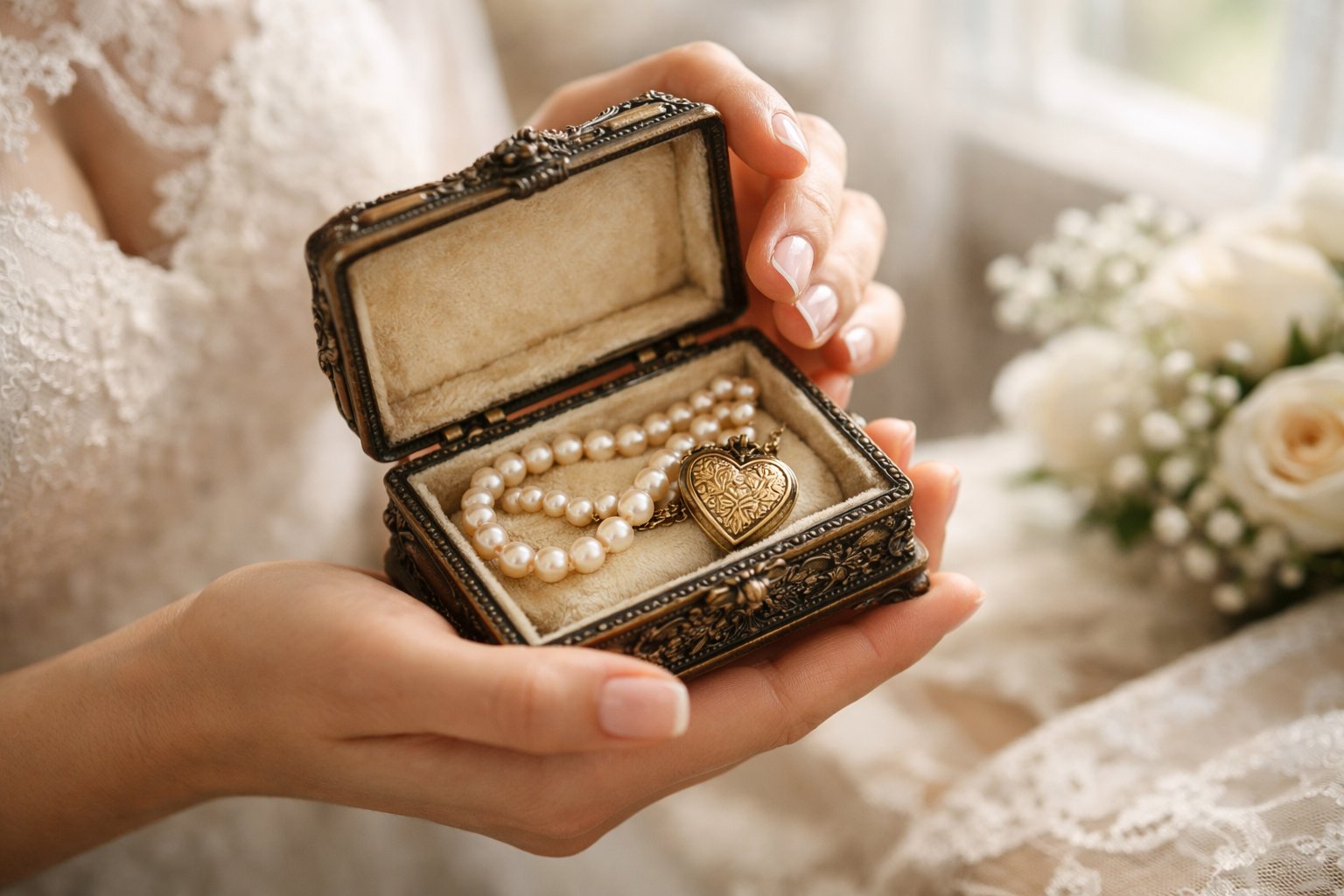 A bride holding an open vintage jewelry box with a pearl necklace and locket inside, symbolizing a wedding gift from her grandmother.