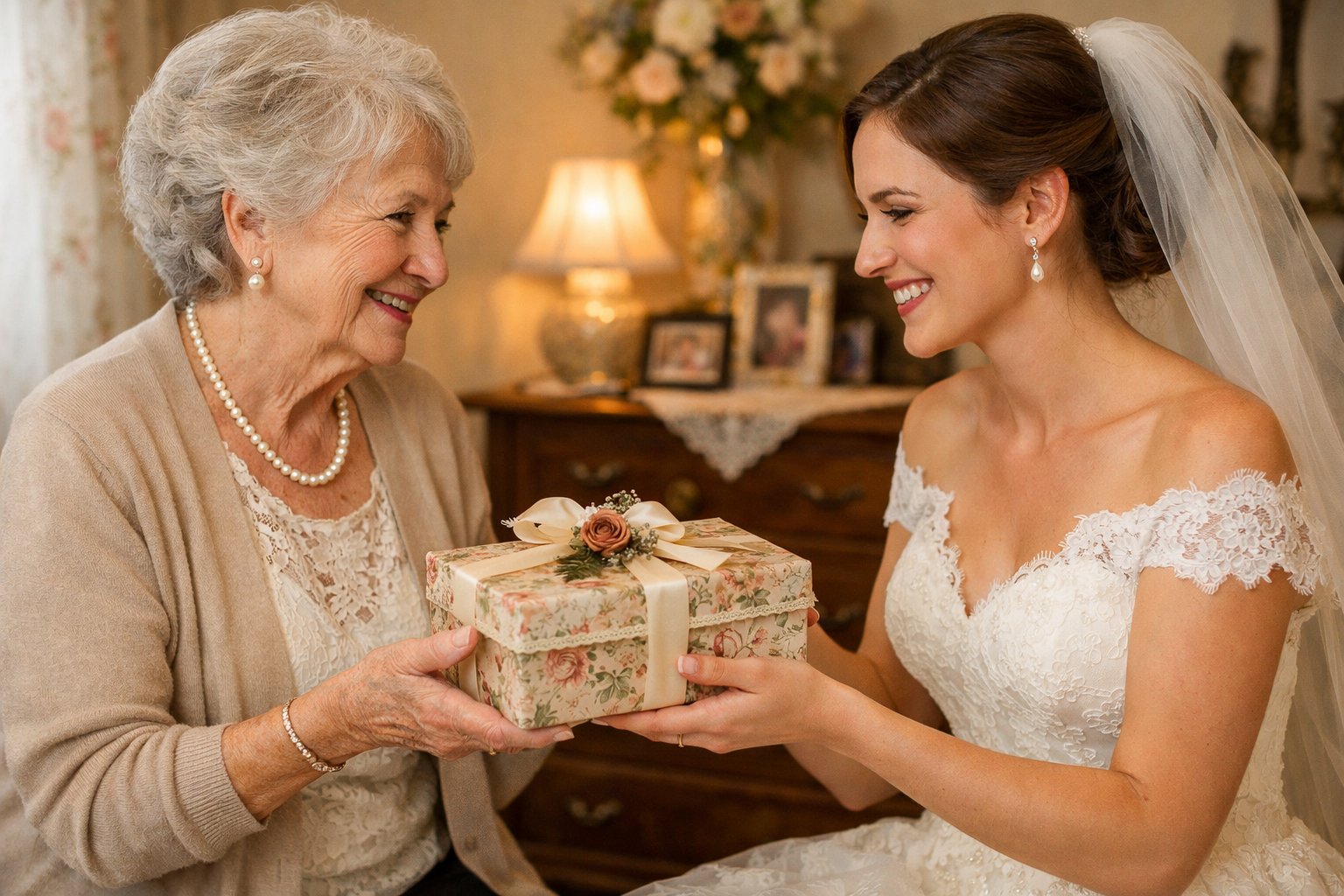 A grandmother giving a wrapped gift to a bride in a cozy room, sharing a joyful and loving moment.