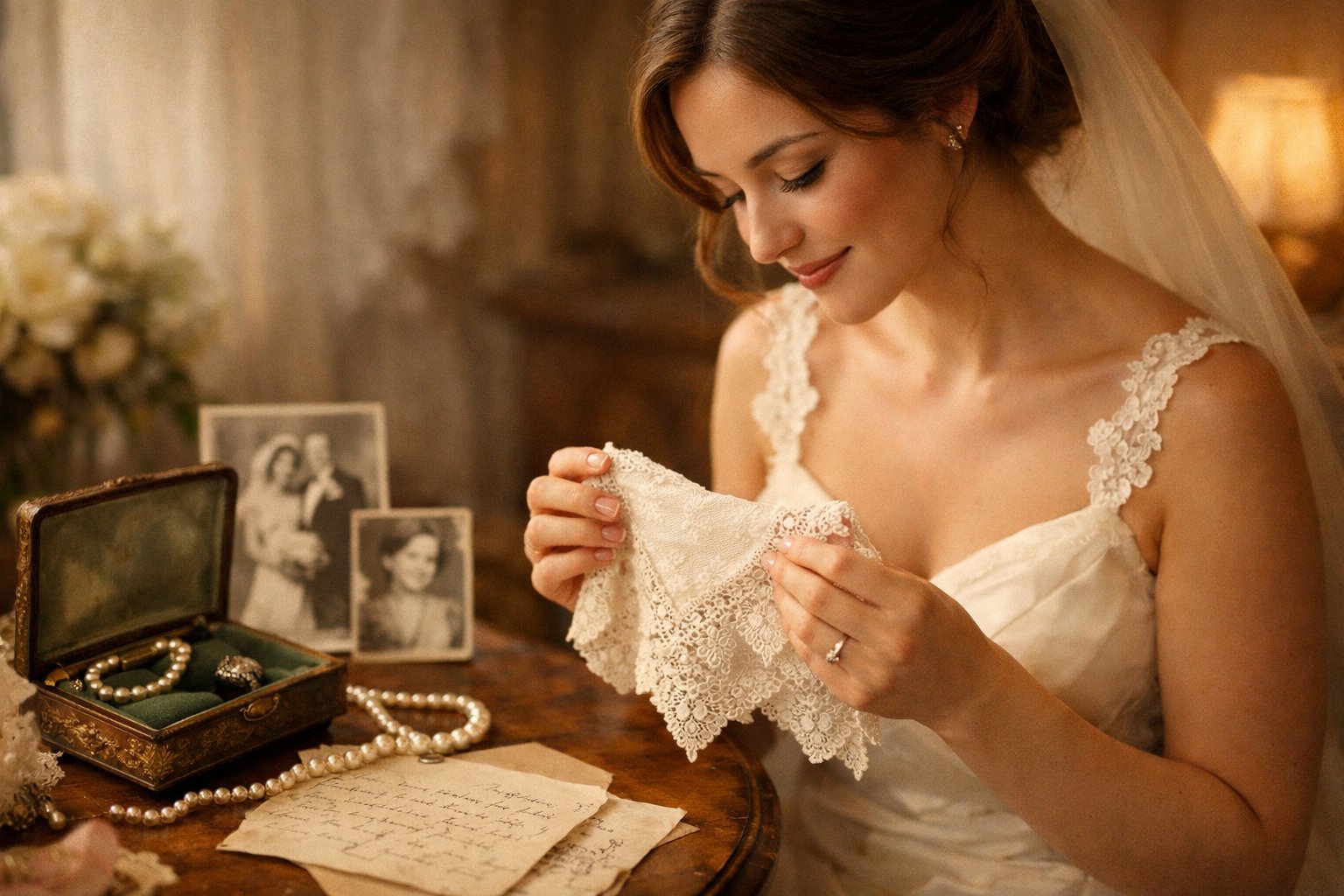 A bride holding a vintage heirloom jewelry box surrounded by family photos and keepsakes in a softly lit room.