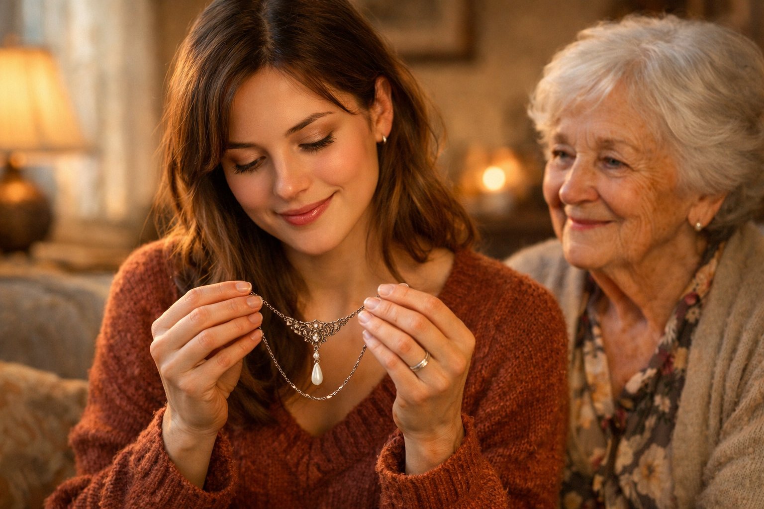 A young woman holding a delicate necklace given to her by her grandmother, both sharing a tender moment in a cozy living room.