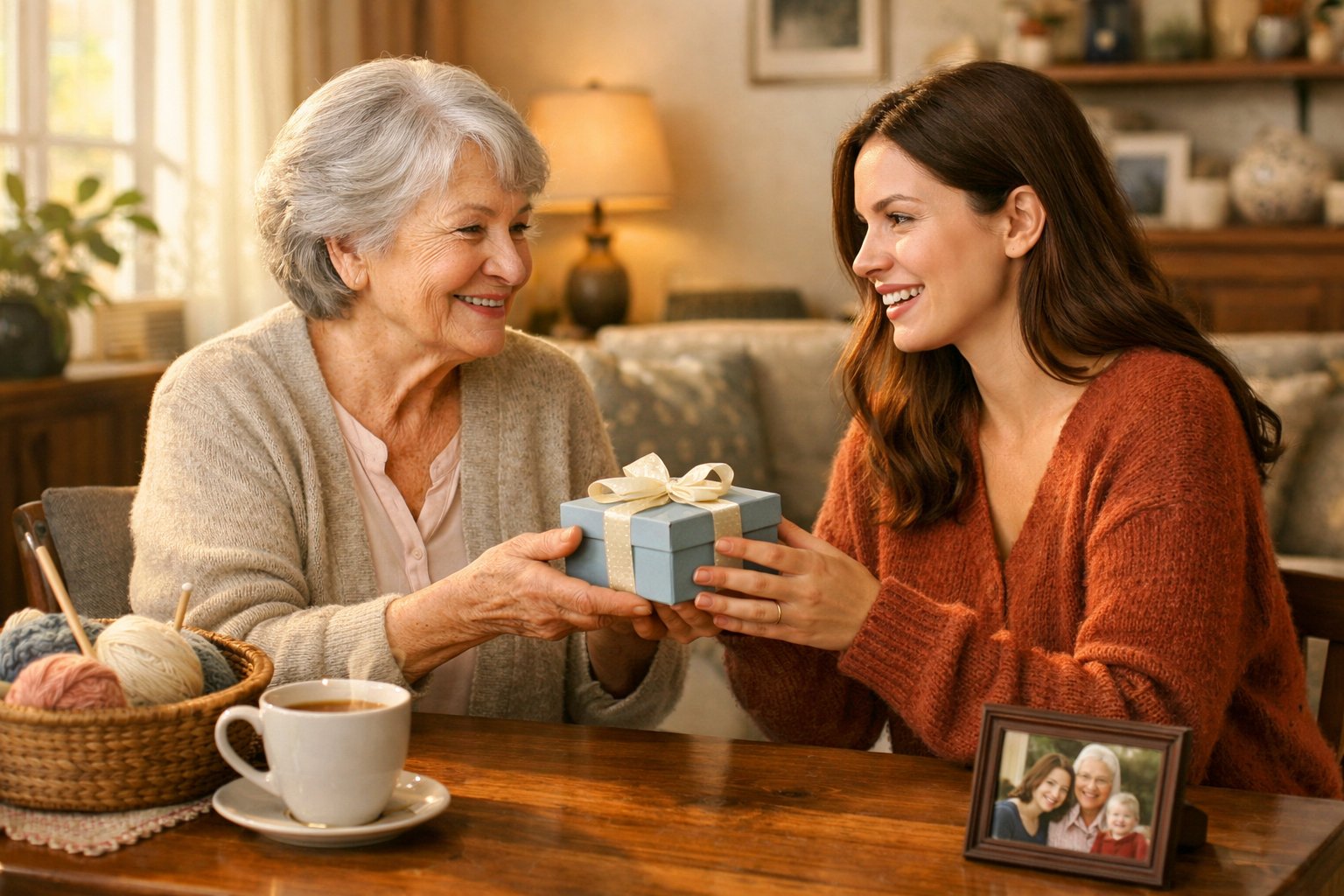 A grandmother gives a small wrapped gift to her adult granddaughter as they sit together at a cozy table in a sunlit living room.