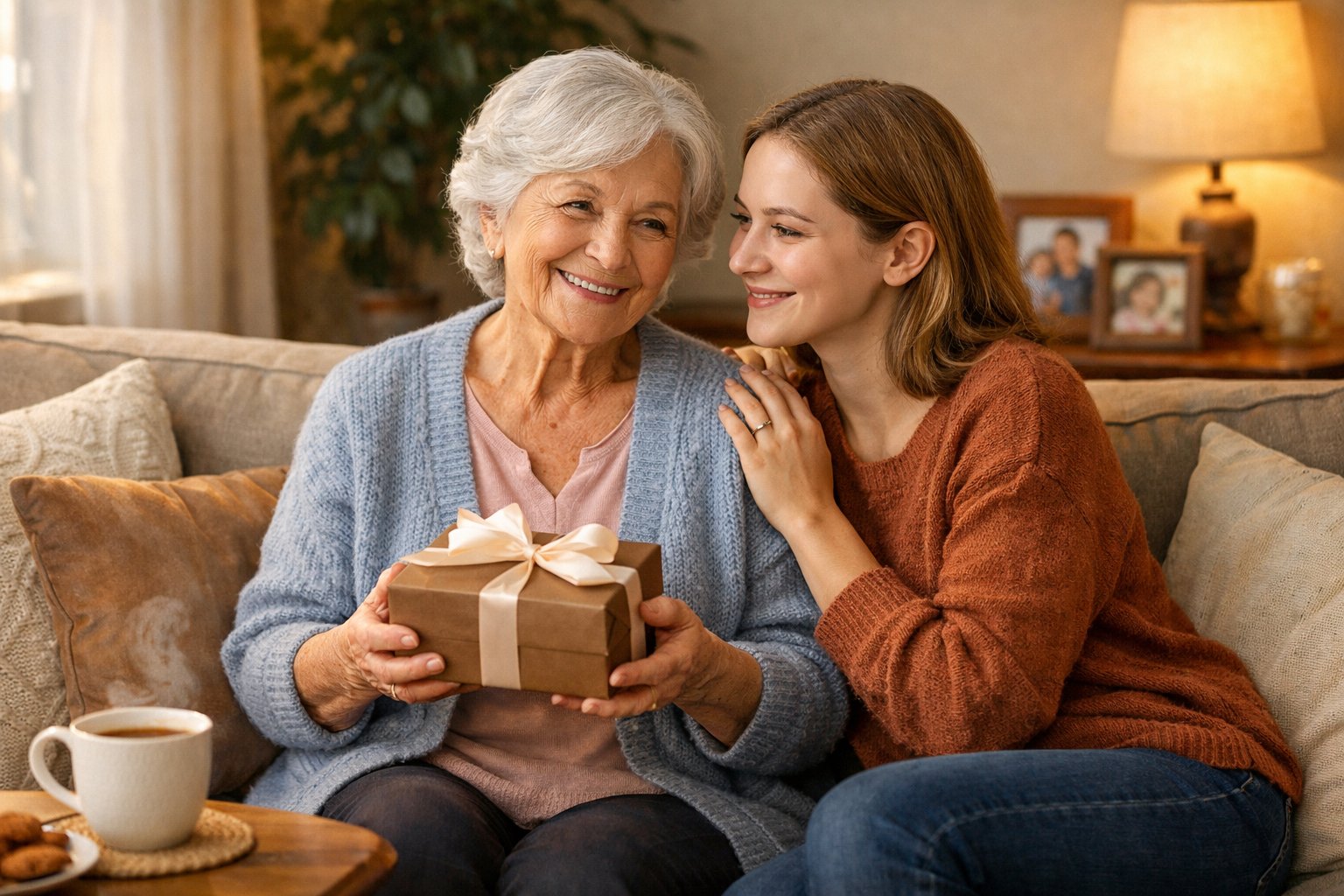 A grandmother and her adult grandchild sharing a moment together as the grandmother holds a wrapped gift in a cozy living room.