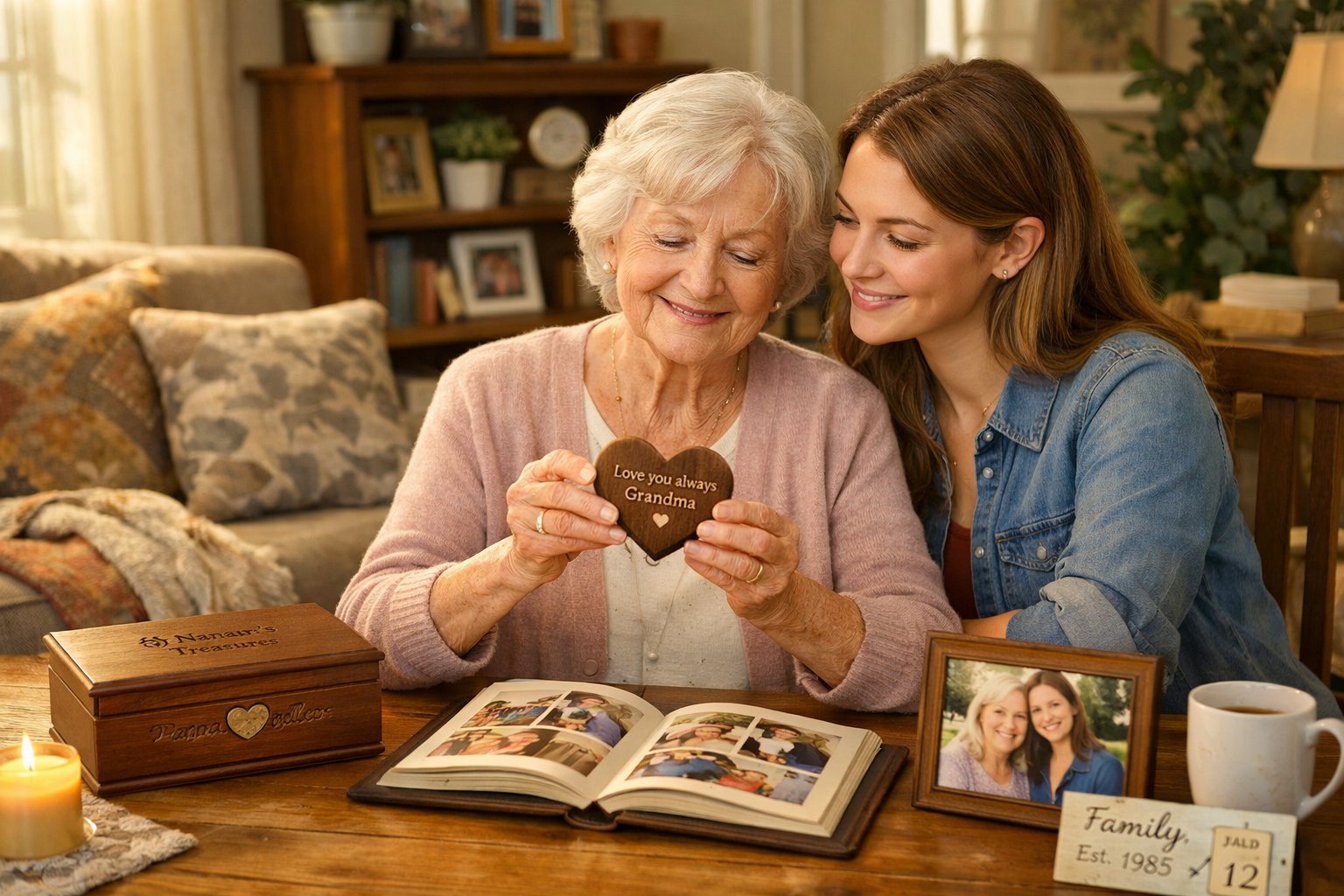 A grandmother and her adult granddaughter sitting at a table surrounded by personalized gifts and family photos, sharing a warm moment together.