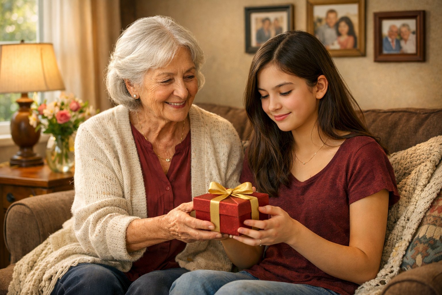 A grandmother hands a small gift to her teenage granddaughter as they sit together on a sofa in a cozy living room.