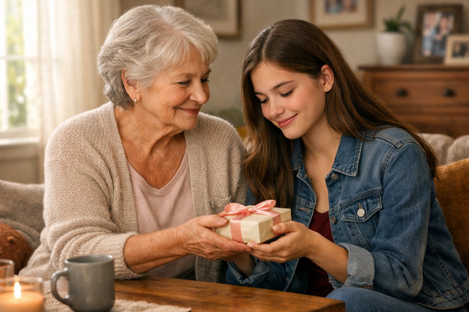 A grandmother giving a wrapped gift to her teenage granddaughter in a cozy living room, both sharing a warm and loving moment.