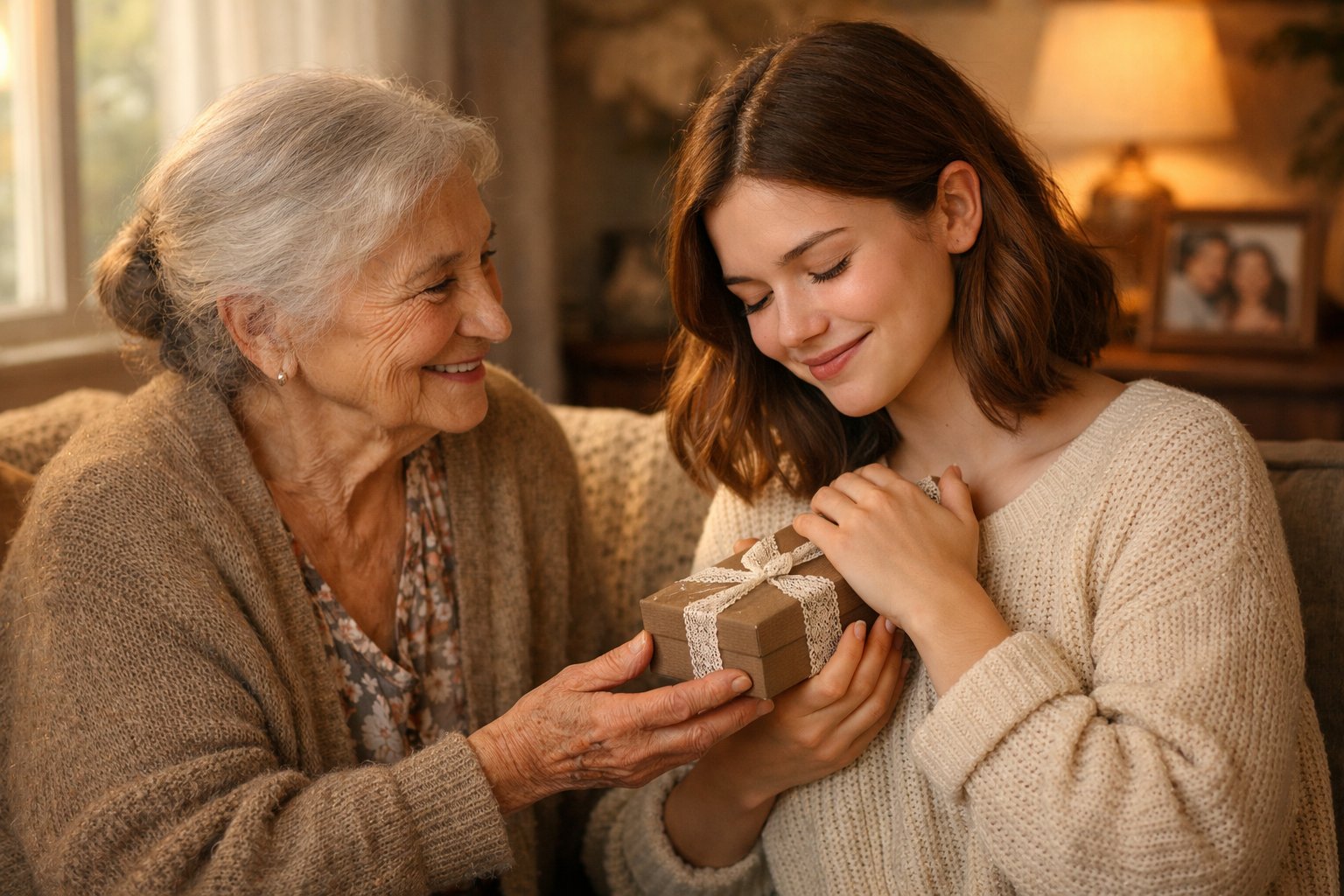 A young woman receiving a gift from her elderly grandmother in a cozy living room, both sharing a tender, emotional moment.