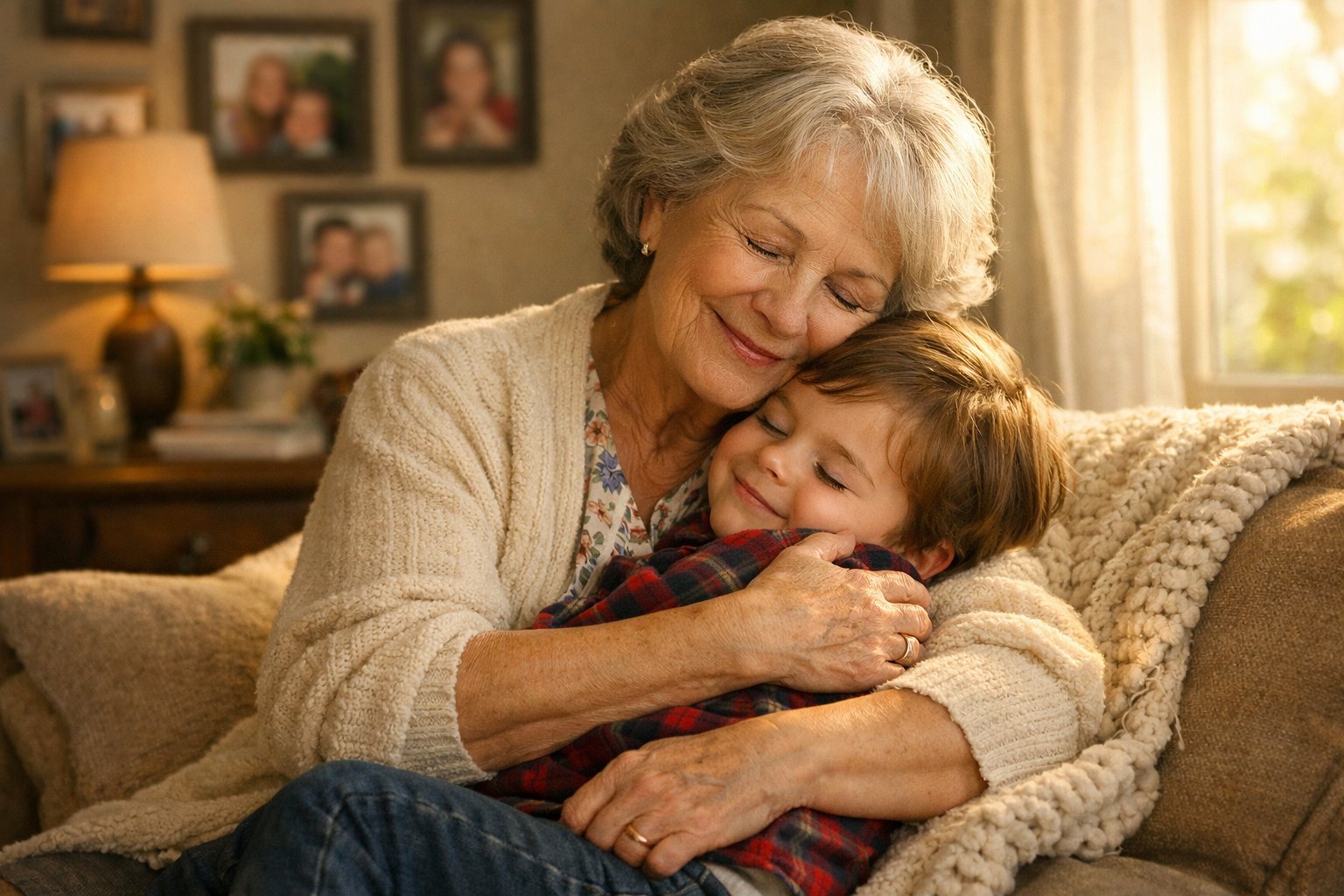 Grandmother lovingly embracing her grandchild in a cozy living room, both looking happy and safe.