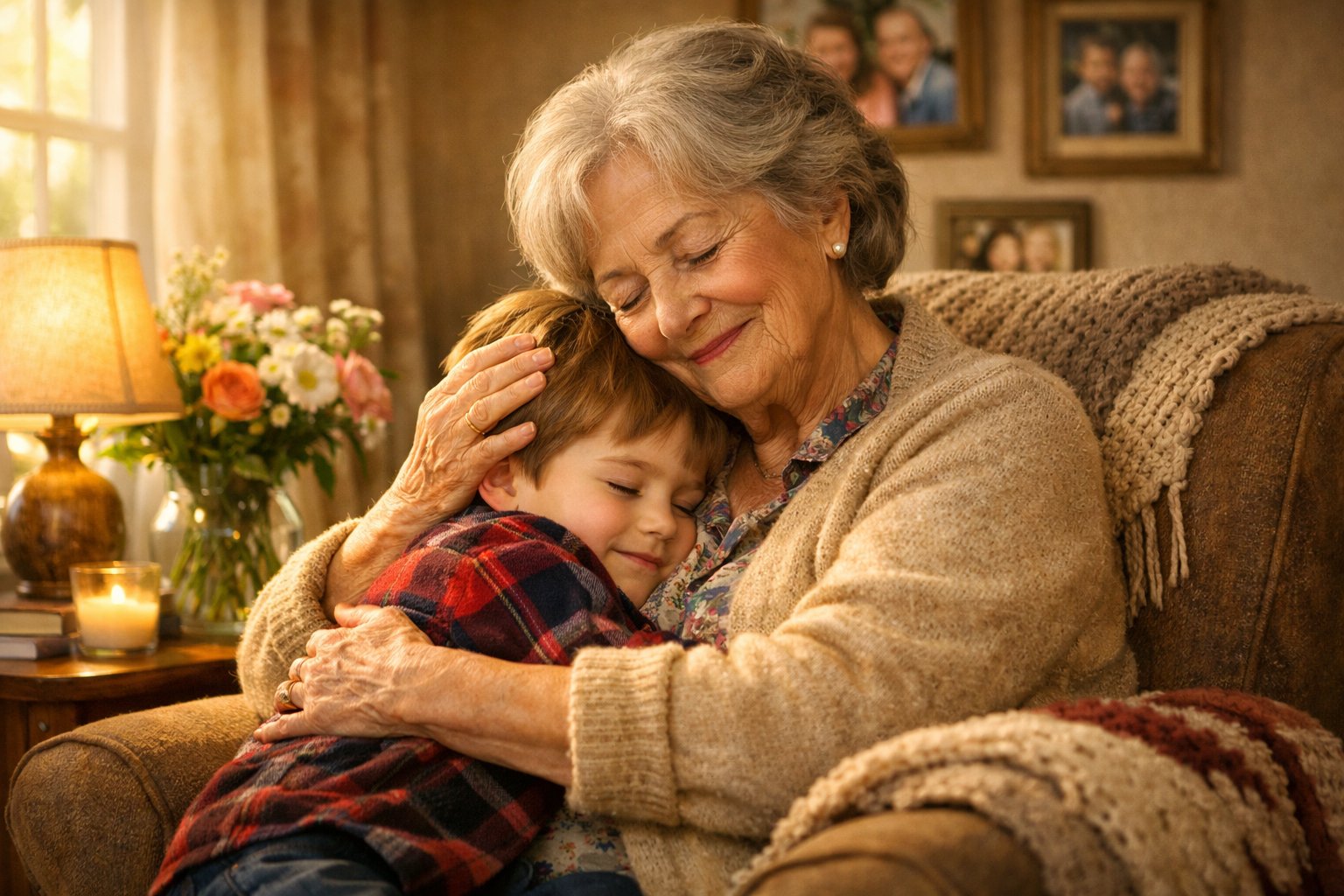 A grandmother warmly embracing her grandchild in a cozy living room filled with family photos and soft natural light.