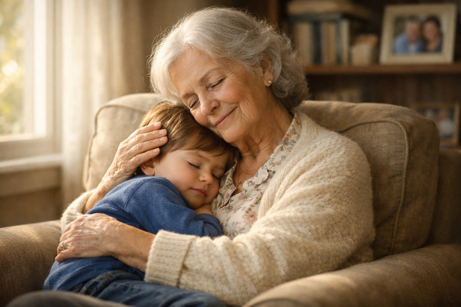 Grandmother lovingly embracing her grandchild in a cozy living room, showing a warm and safe moment.