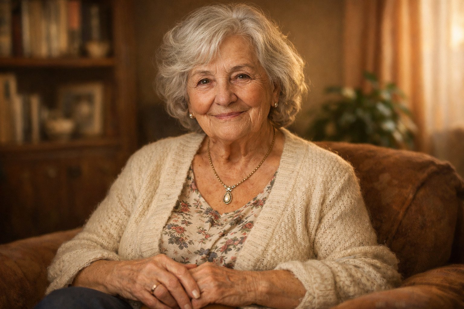 An elderly grandmother sitting in a cozy living room wearing a vintage necklace and smiling gently.