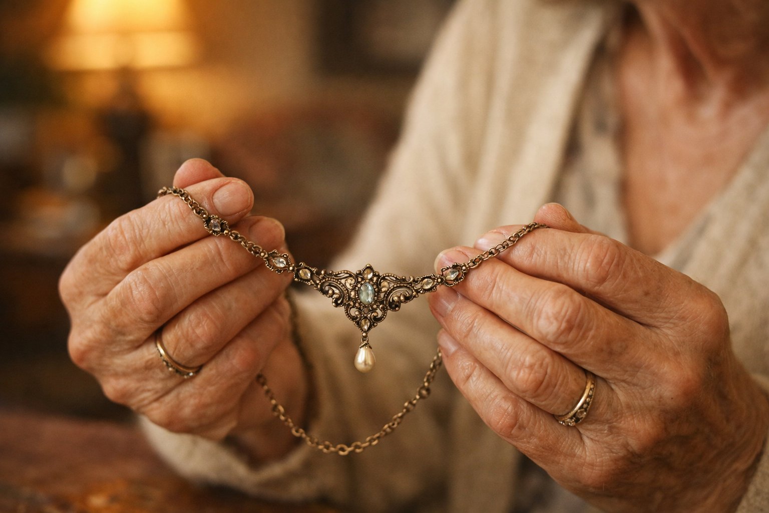 An elderly woman holding a vintage necklace in her hands, sitting in a cozy living room.