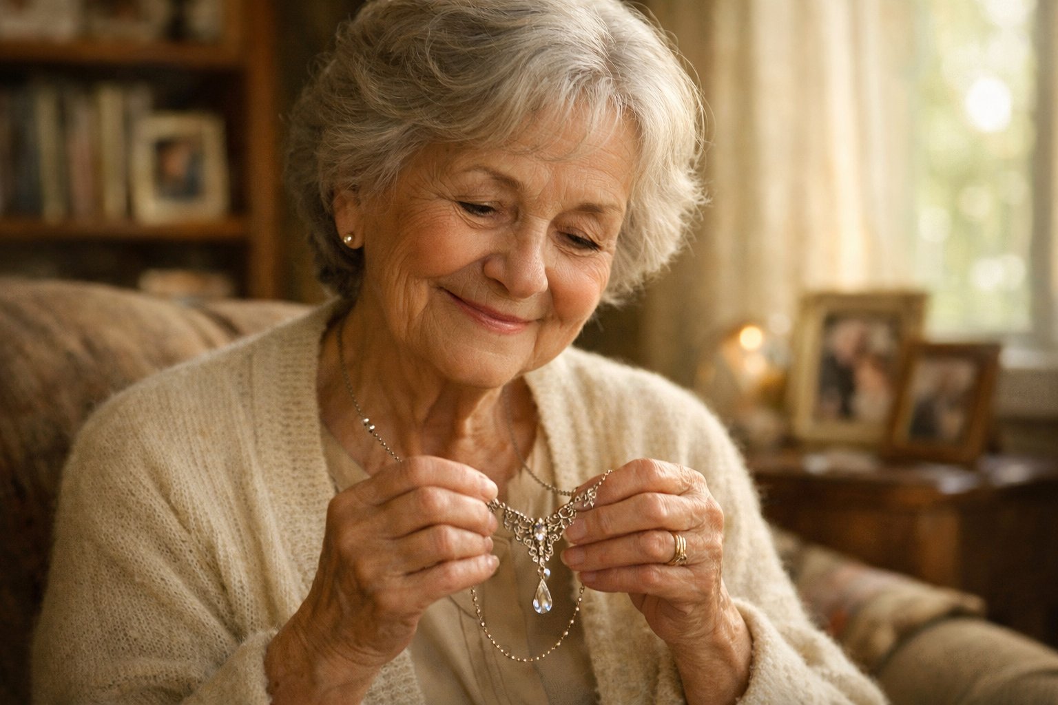 An elderly grandmother holding a vintage necklace and smiling gently in a cozy living room.