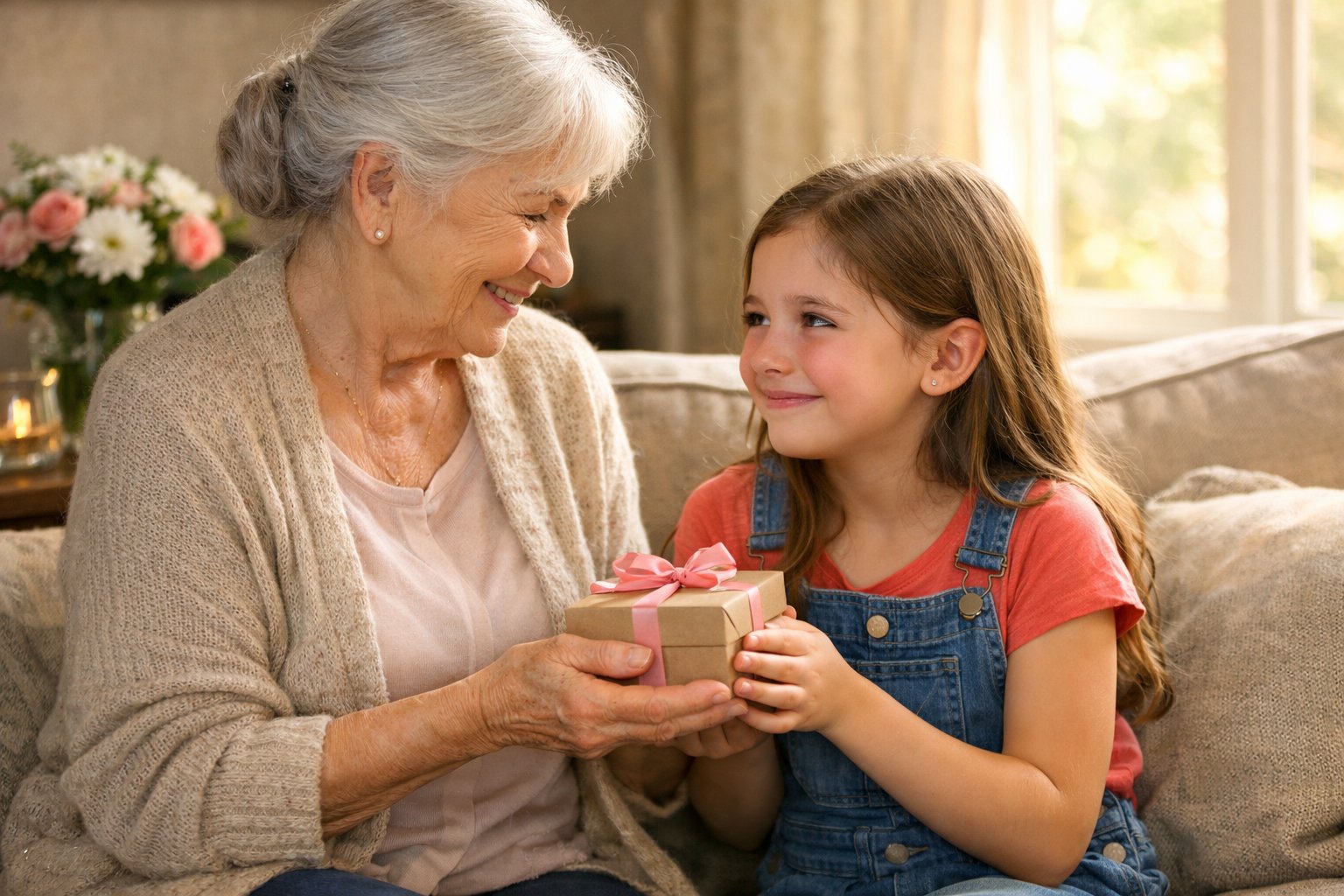 A grandmother giving a wrapped gift to her granddaughter in a cozy living room, both sharing a joyful and emotional moment.