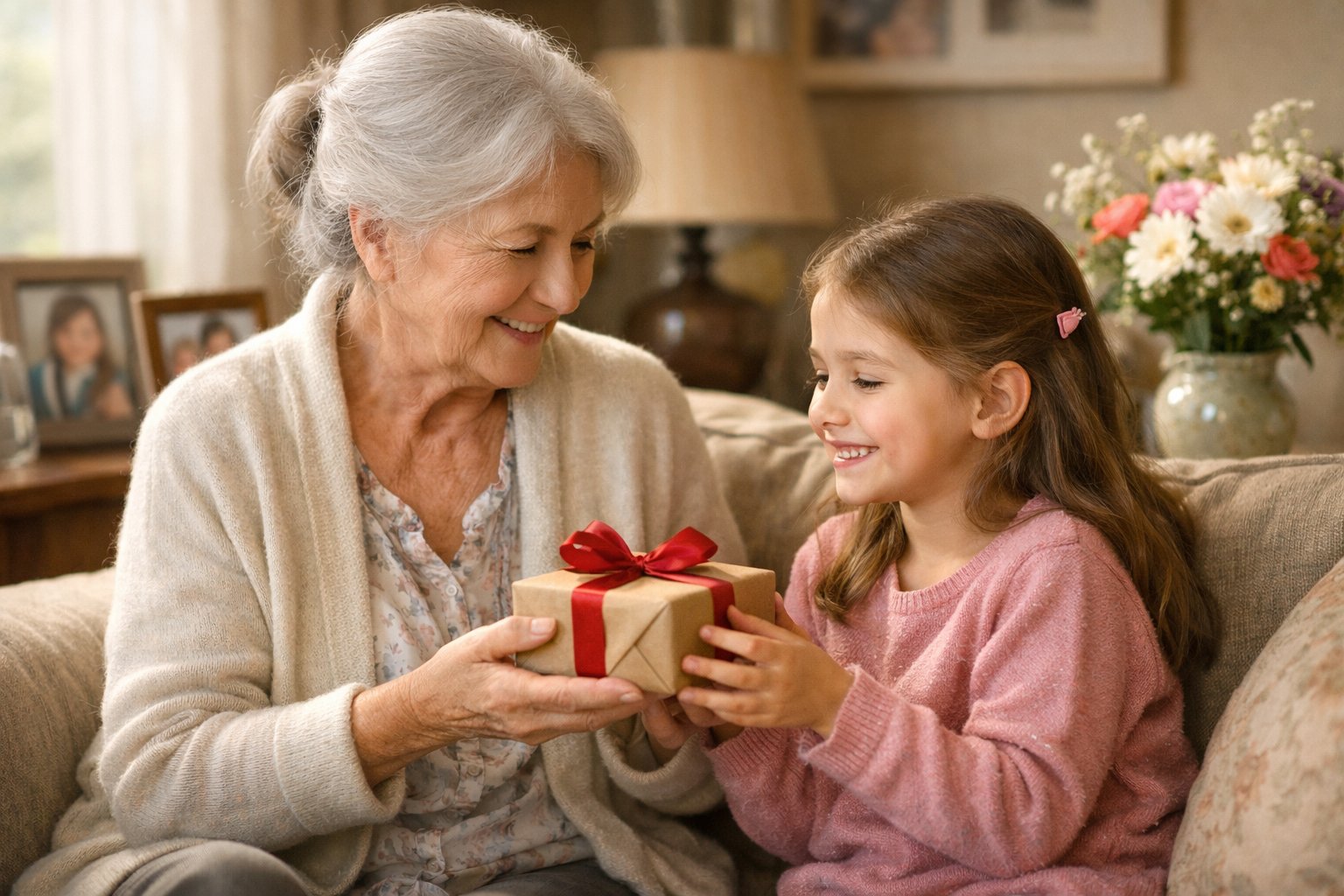 A grandmother giving a wrapped gift to her smiling granddaughter in a cozy living room.