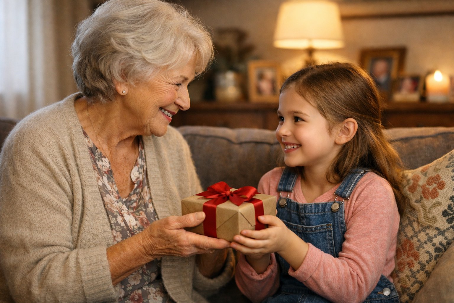 An elderly grandmother giving a small gift to her happy young granddaughter as they sit together in a cozy living room.