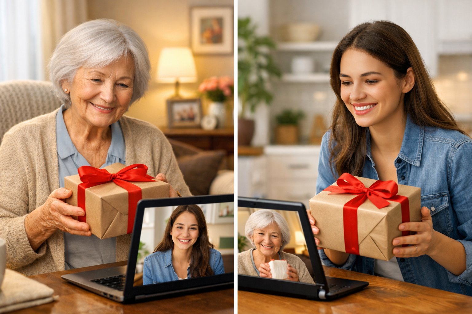 A grandmother and her adult grandchild smiling and holding gift boxes while connecting over a video call from their separate homes.