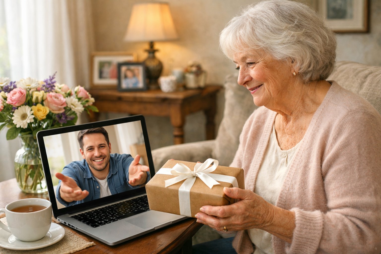 A grandmother holding a wrapped gift while video calling her smiling grandchild on a laptop.