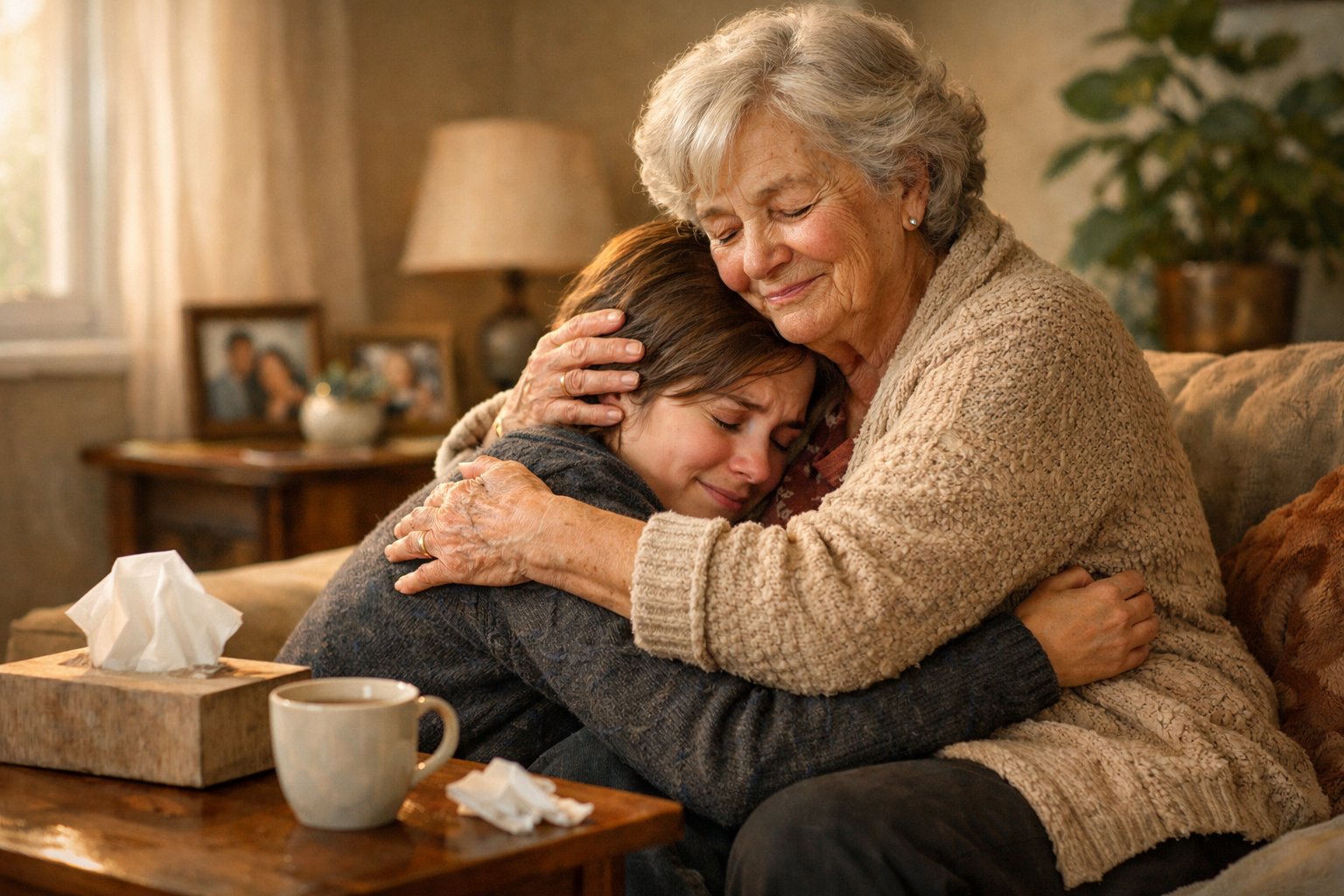 An elderly grandmother warmly hugging an adult family member in a cozy living room, showing comfort and love during a difficult time.