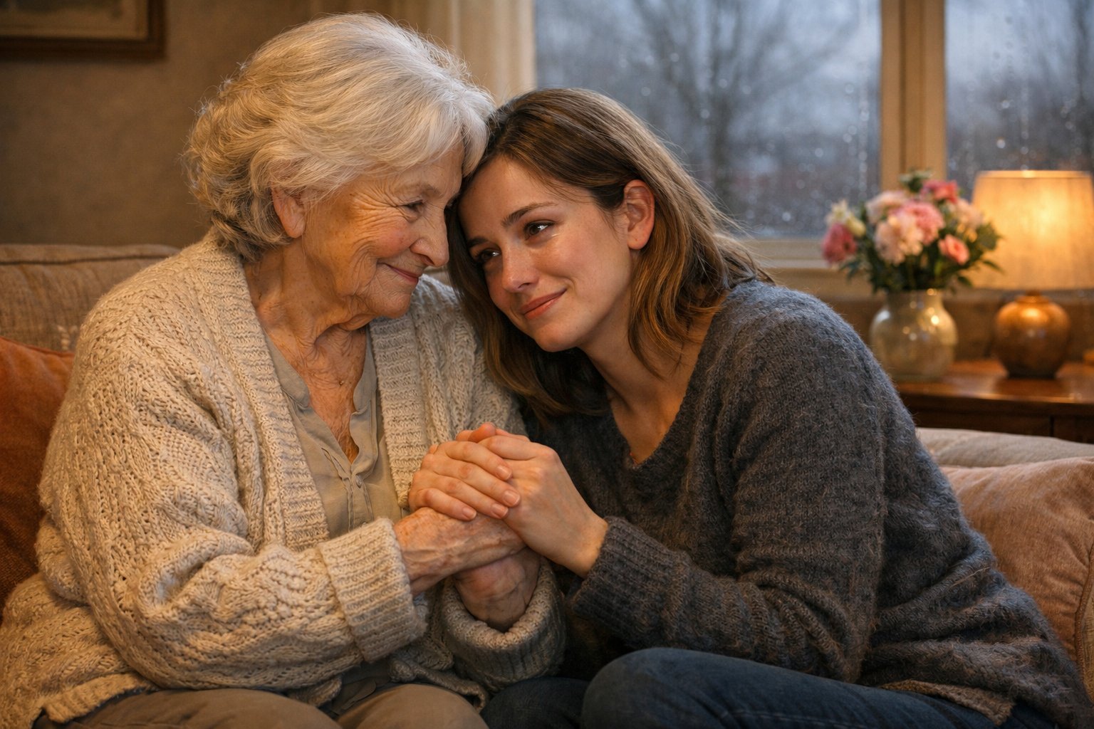 An elderly grandmother comforting her adult grandchild by holding their hands in a cozy living room.