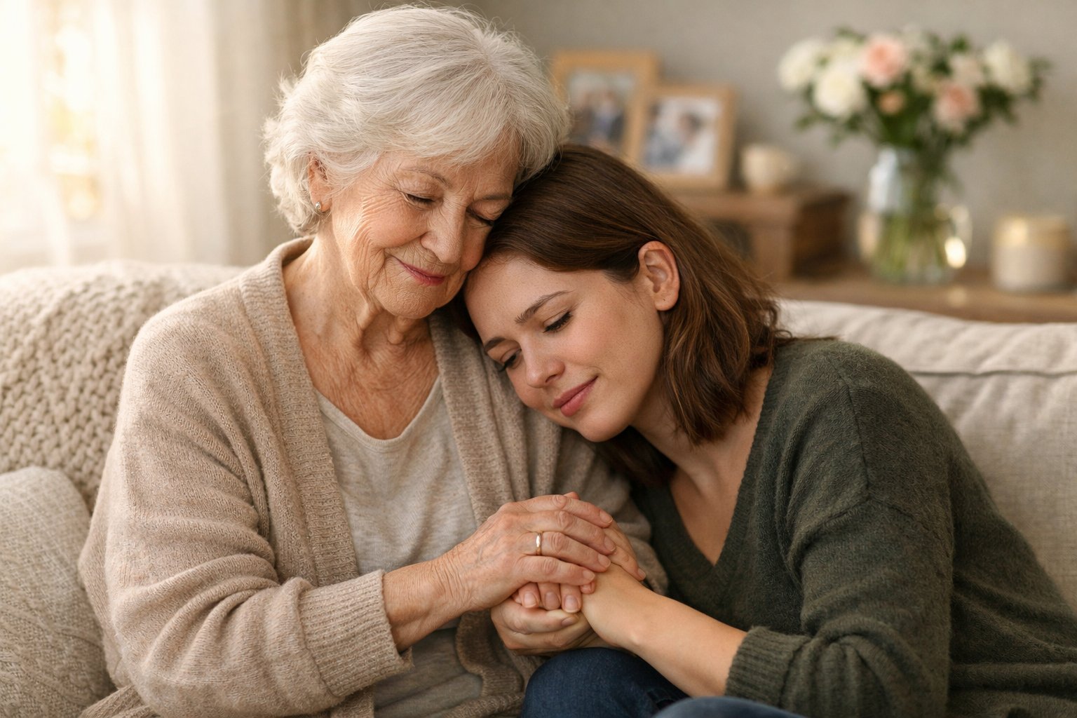 An elderly grandmother warmly embracing her adult grandchild in a cozy living room, offering comfort during a difficult time.