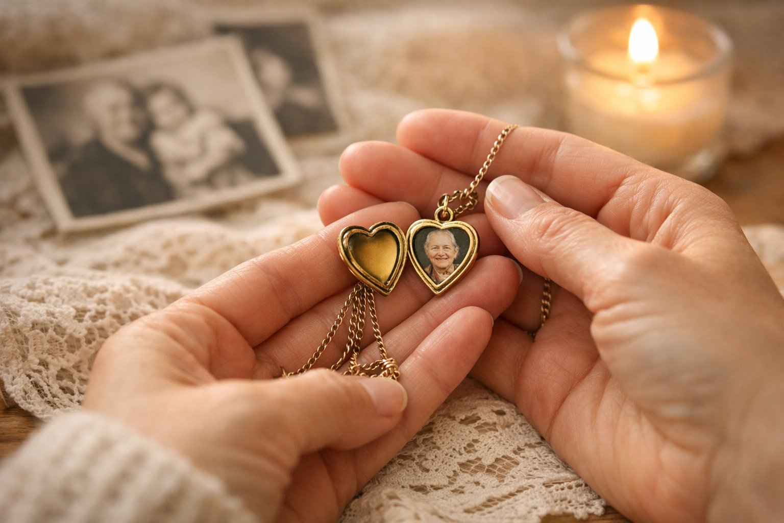 Close-up of hands holding a delicate keepsake necklace with a locket, resting on lace with blurred old photos and a candle in the background.