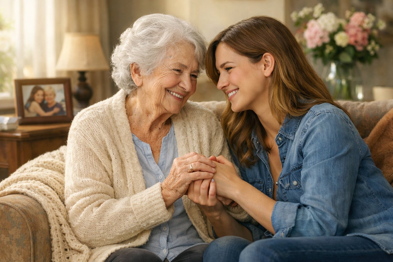 An elderly grandmother and her adult granddaughter sitting together in a cozy living room, holding hands and smiling warmly at each other.