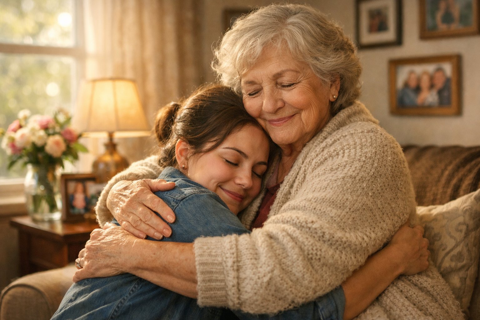 A grandmother warmly hugging her adult grandchild in a cozy living room filled with family photos and natural light.