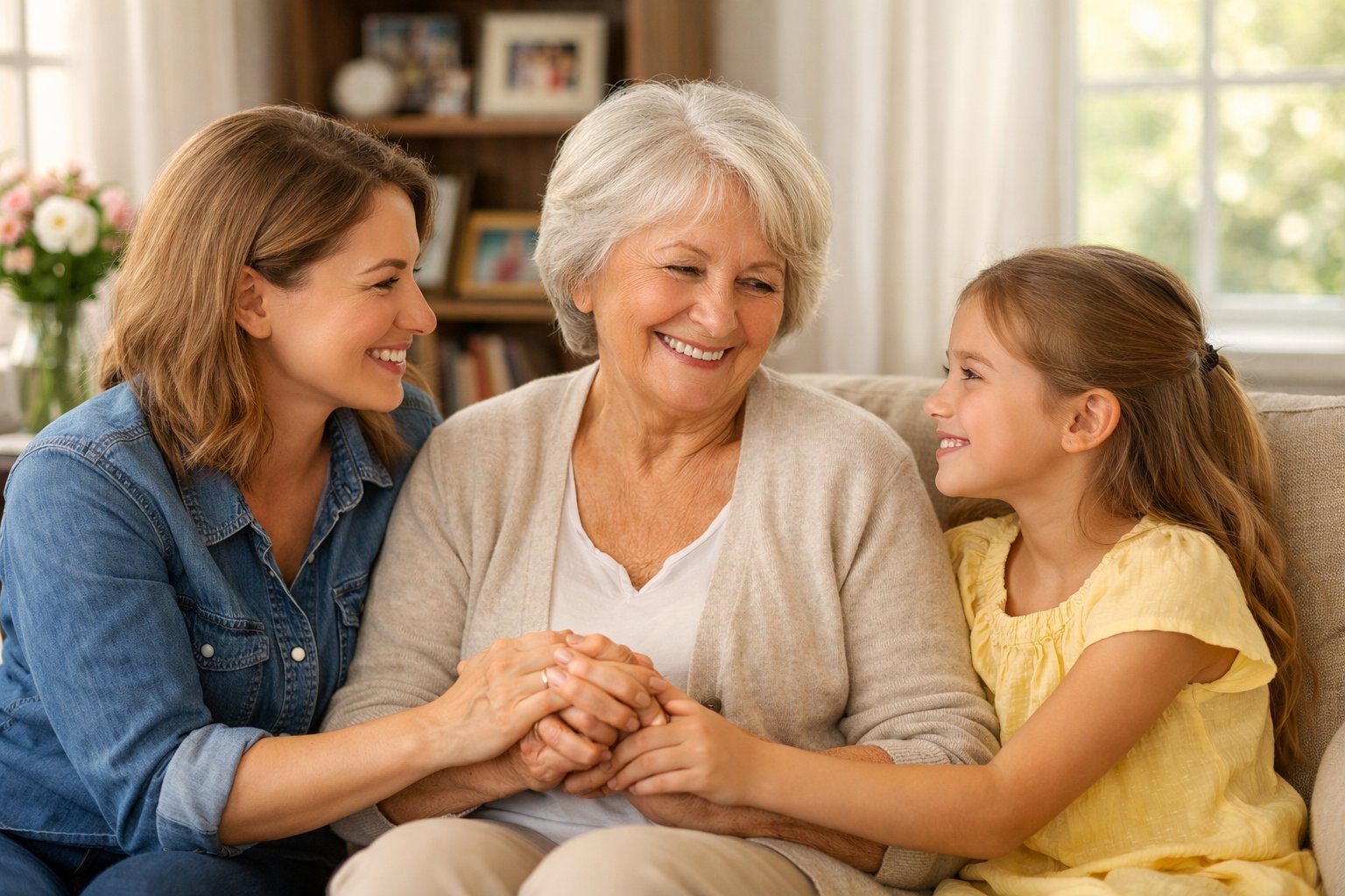A grandmother holding hands with her daughter and granddaughter in a cozy living room, all smiling warmly at each other.