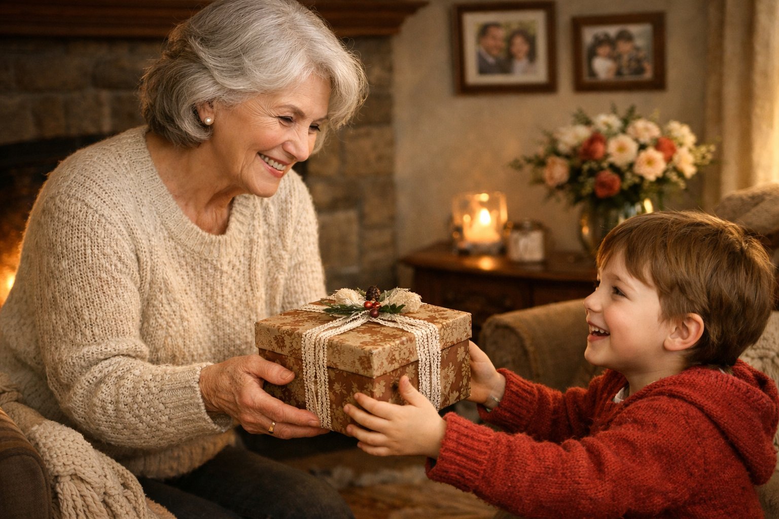 A grandmother handing a wrapped gift to her smiling grandchild in a cozy living room.