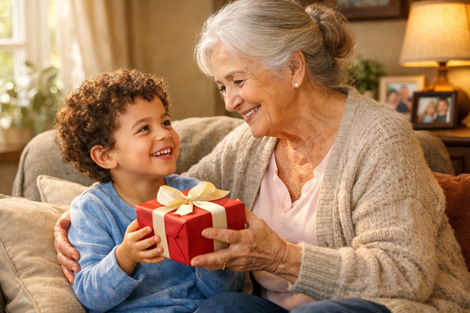 A grandmother hands a wrapped gift to her smiling grandchild as they sit together in a cozy living room.