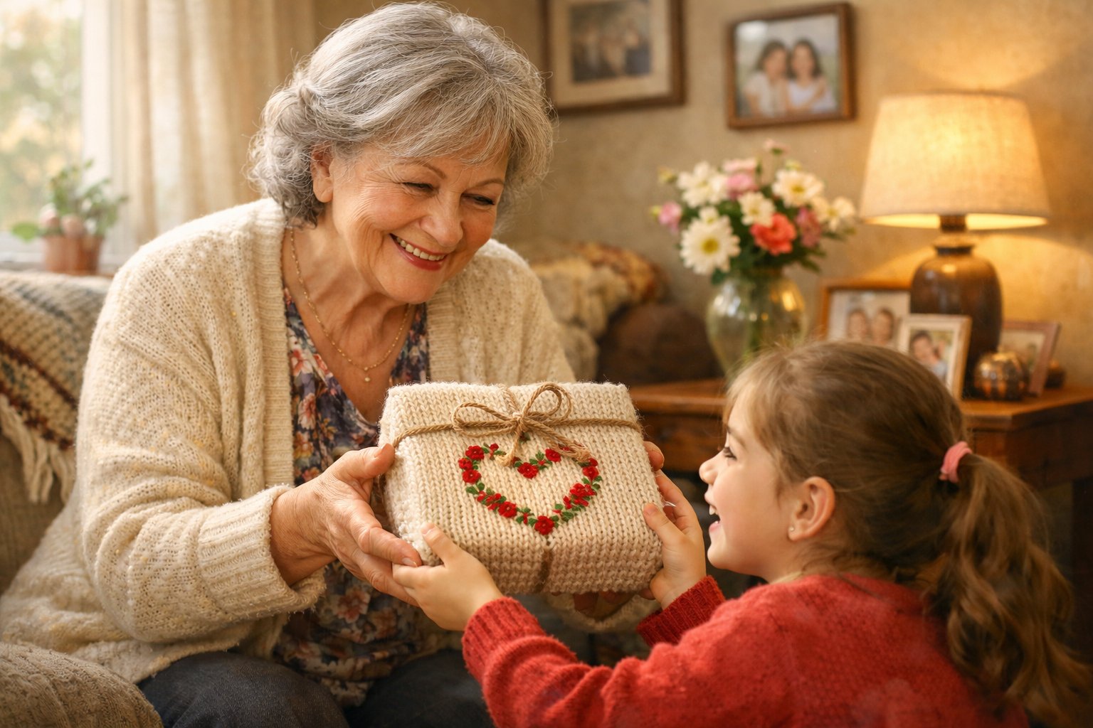 A grandmother giving a handcrafted gift to her smiling grandchild in a cozy living room.