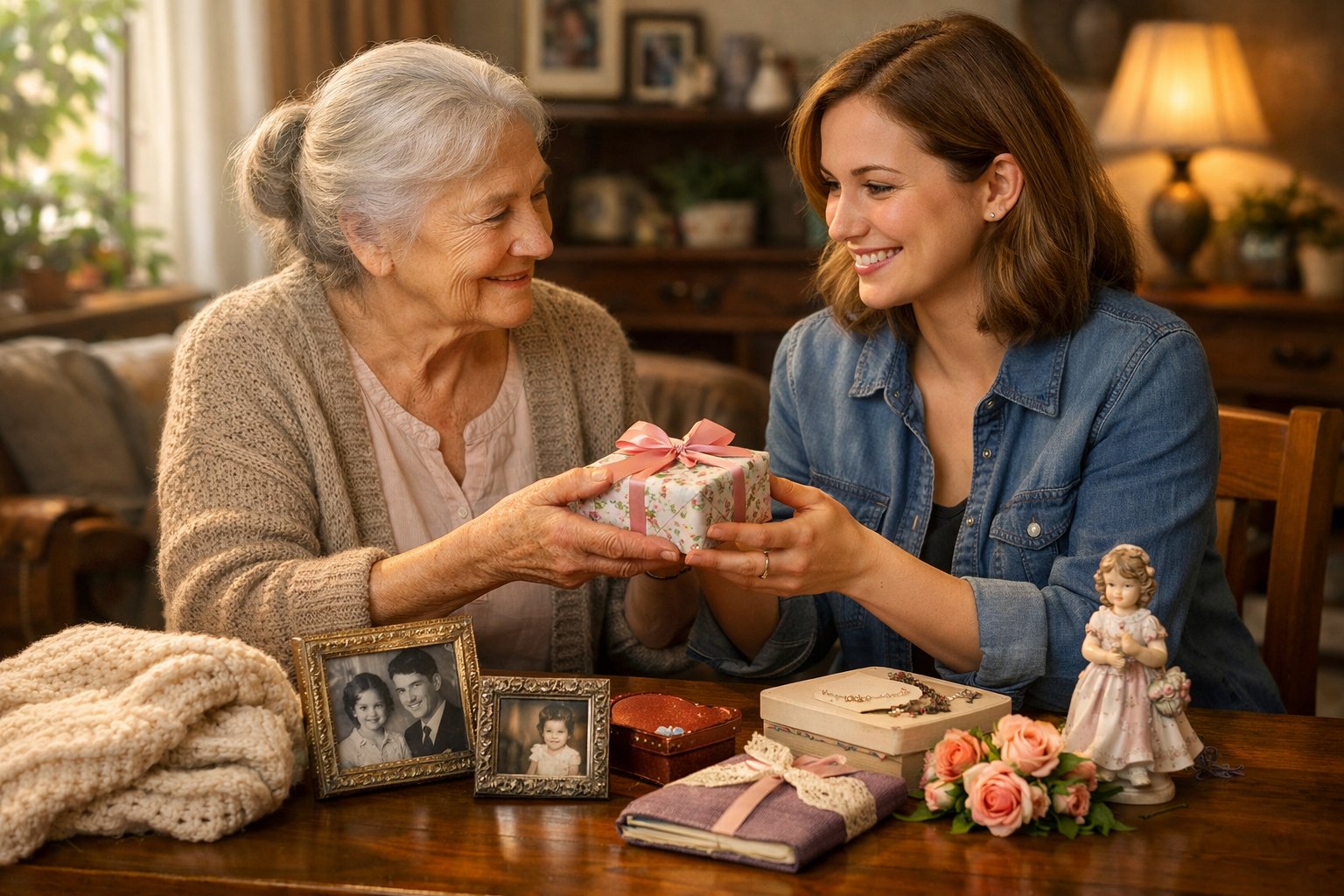 An elderly grandmother giving a wrapped gift to her smiling adult granddaughter at a wooden table surrounded by sentimental items in a cozy living room.