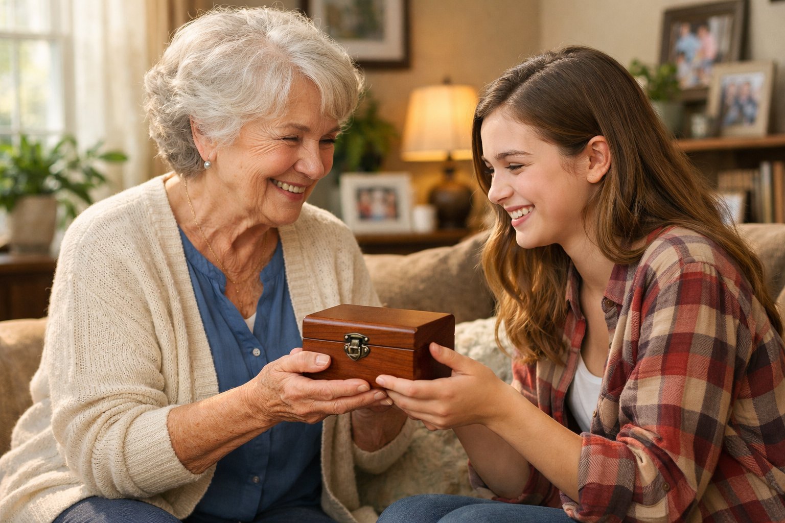 A grandmother giving a sentimental gift to her grandchild in a cozy living room, both sharing a joyful and loving moment.