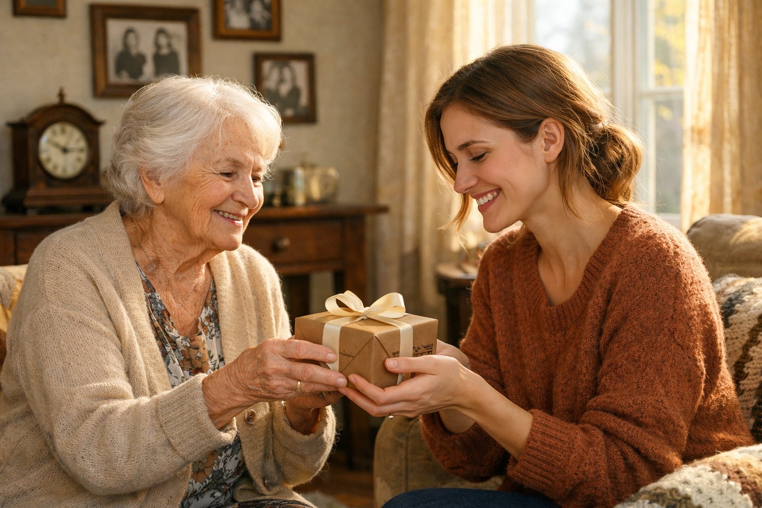 A grandmother giving a small wrapped gift to her adult grandchild in a cozy living room with family photos and warm lighting.