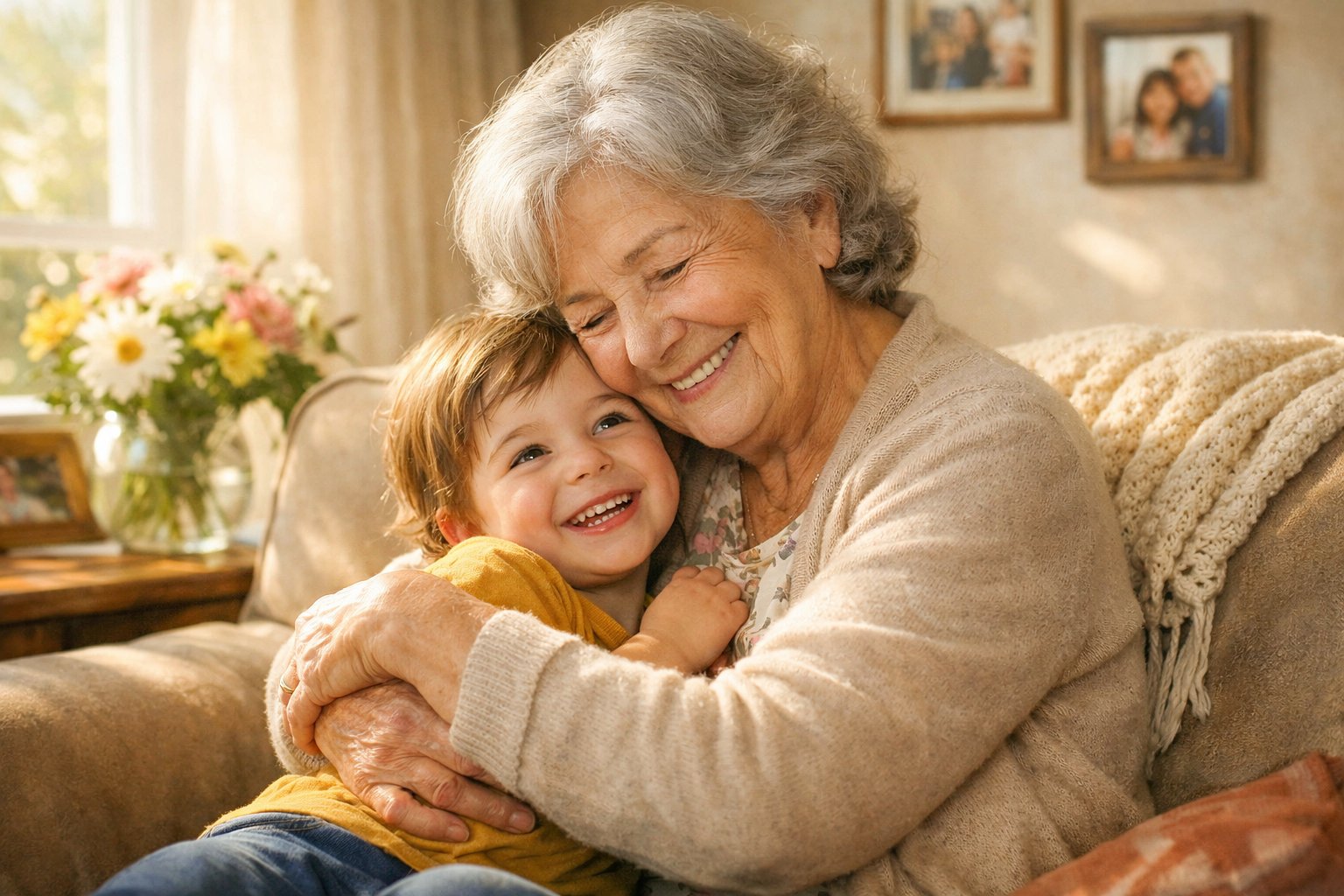 A grandmother warmly embracing her smiling young grandchild on a couch in a cozy living room.