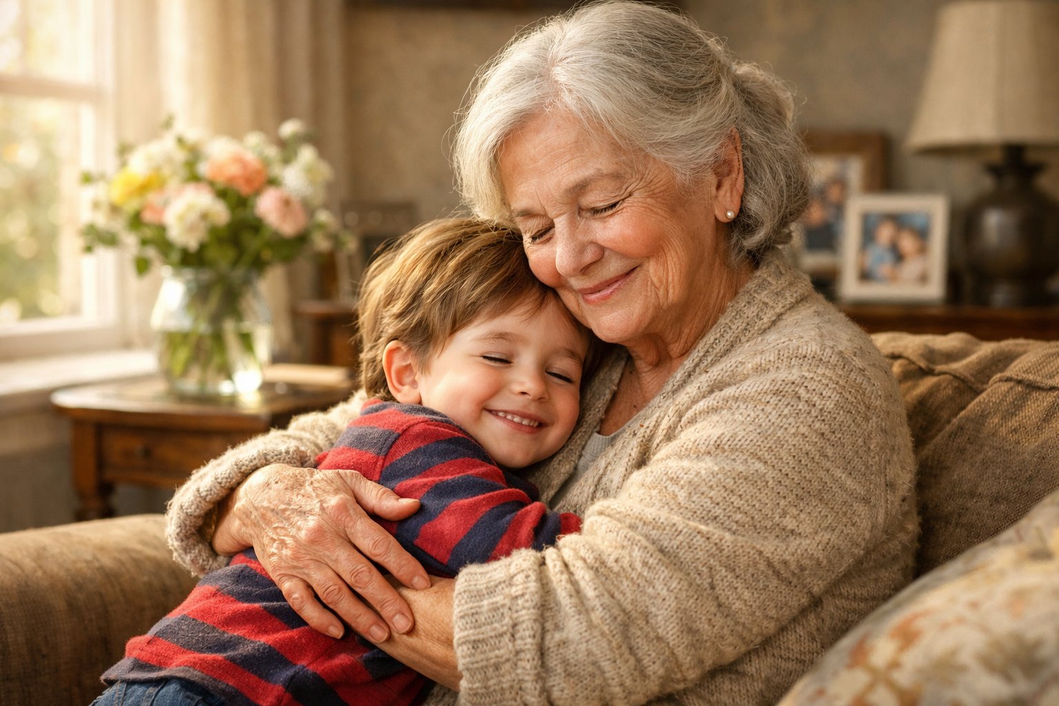 A grandmother gently hugging her young grandchild in a cozy, sunlit living room.