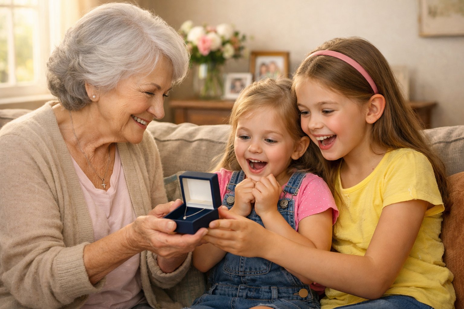 Two young granddaughters happily receiving a necklace from their smiling grandmother in a cozy living room.