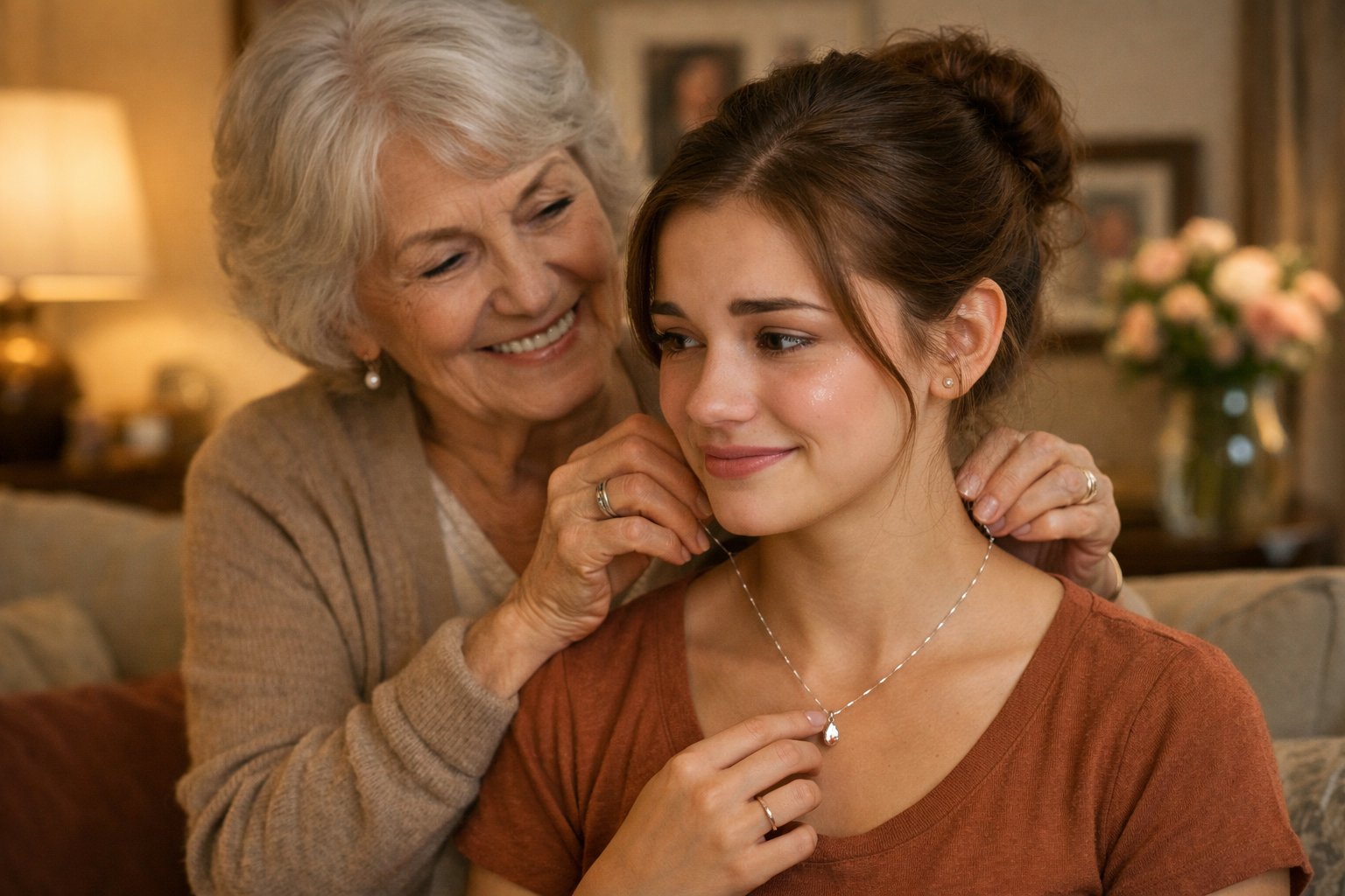 A grandmother gently puts a necklace on her granddaughter, both sharing an emotional and loving moment indoors.