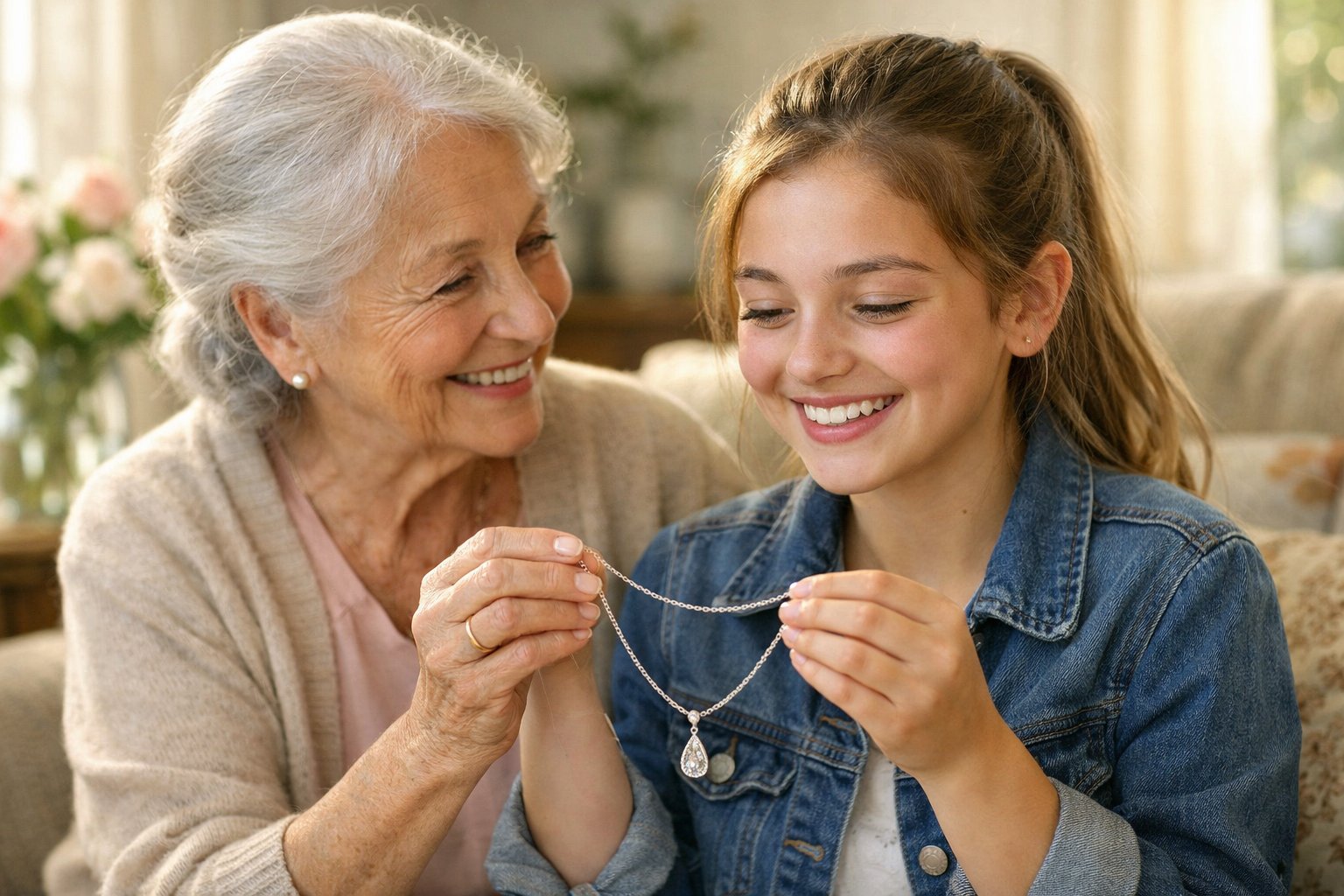 A grandmother giving a necklace to her smiling granddaughter in a cozy living room.