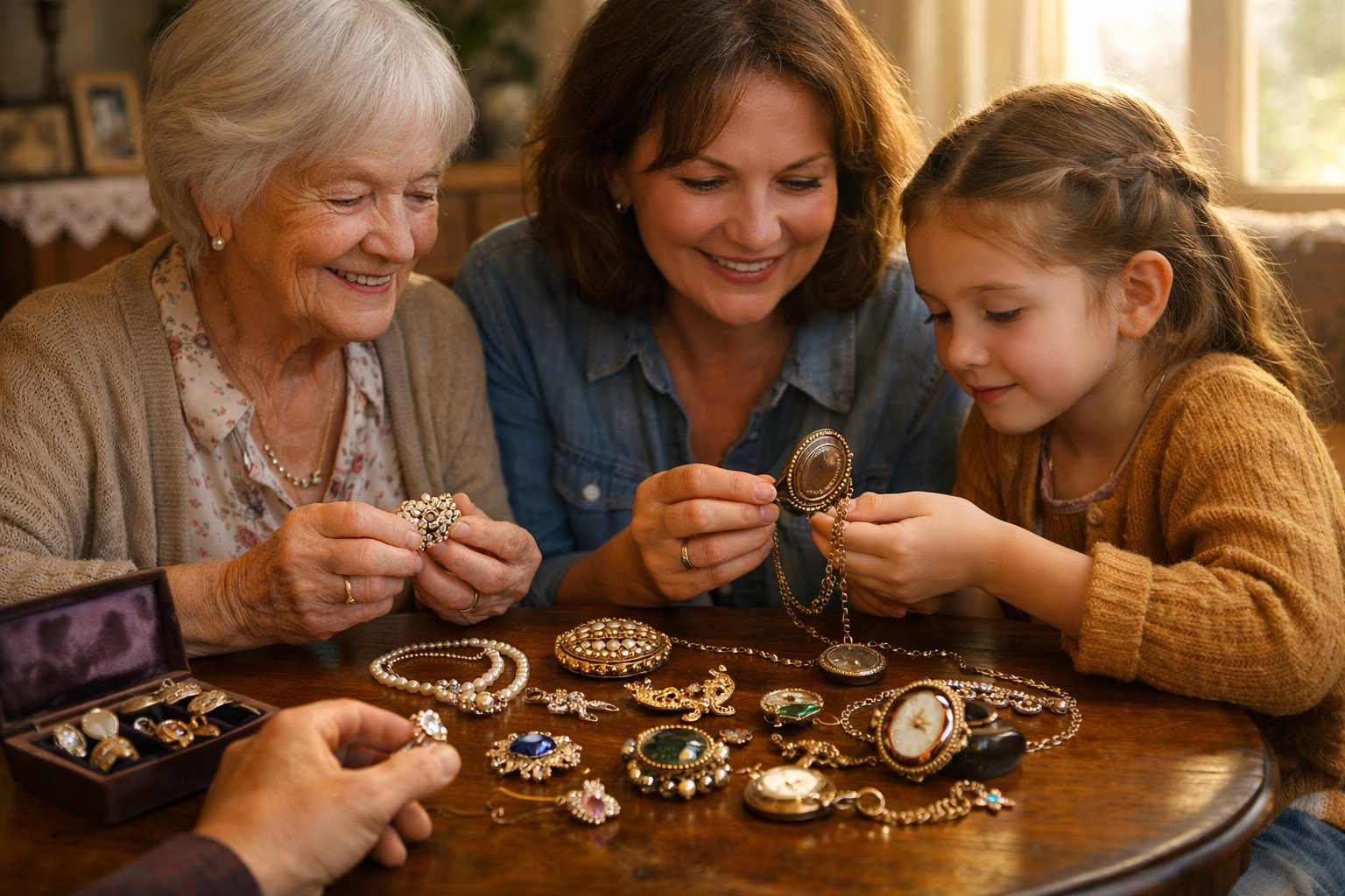 Three generations of a family sharing and admiring vintage jewelry together at a wooden table in a cozy living room.
