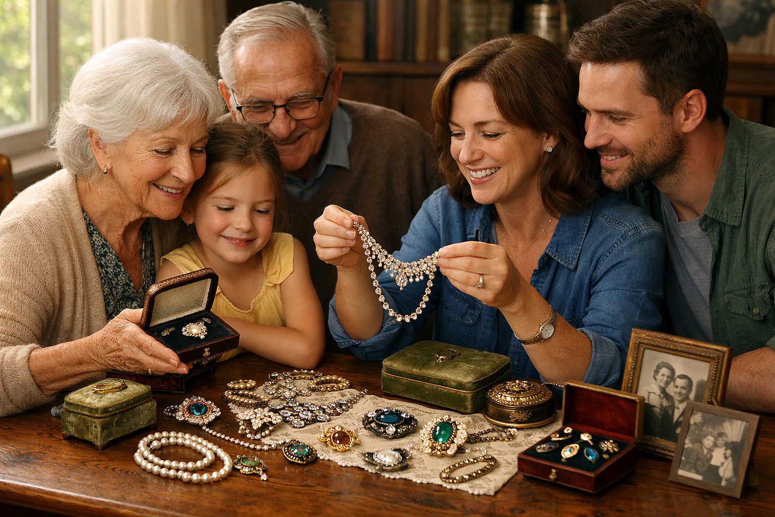 A multigenerational family sitting around a table, looking at and sharing vintage jewelry pieces together.