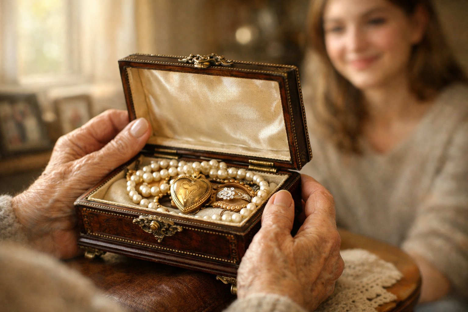 An elderly woman holding an open vintage jewelry box with heirloom pieces while a younger family member looks on in a cozy living room.