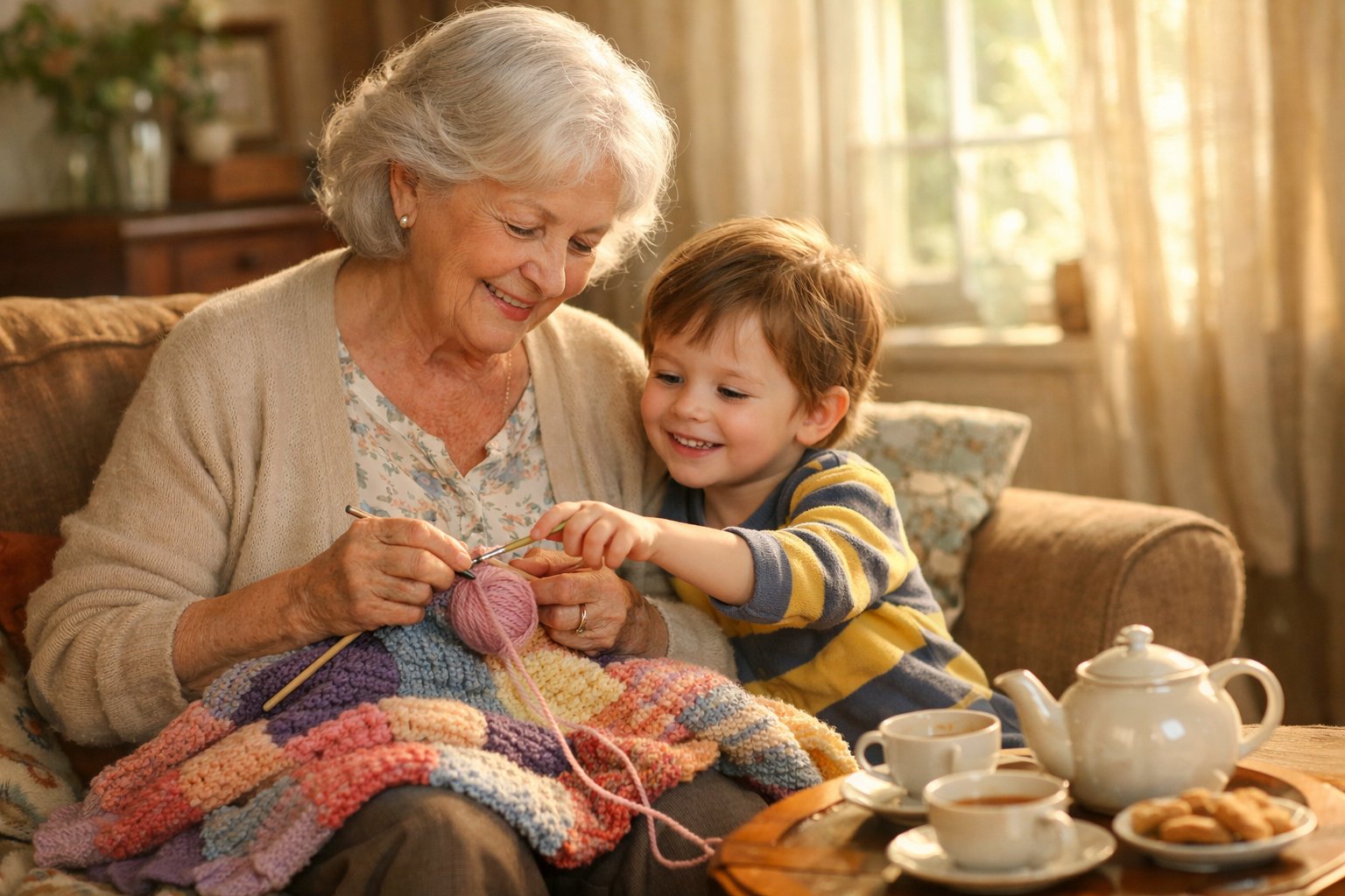 Grandmother knitting a colorful blanket while her grandchild watches and reaches out to touch the yarn in a cozy living room.
