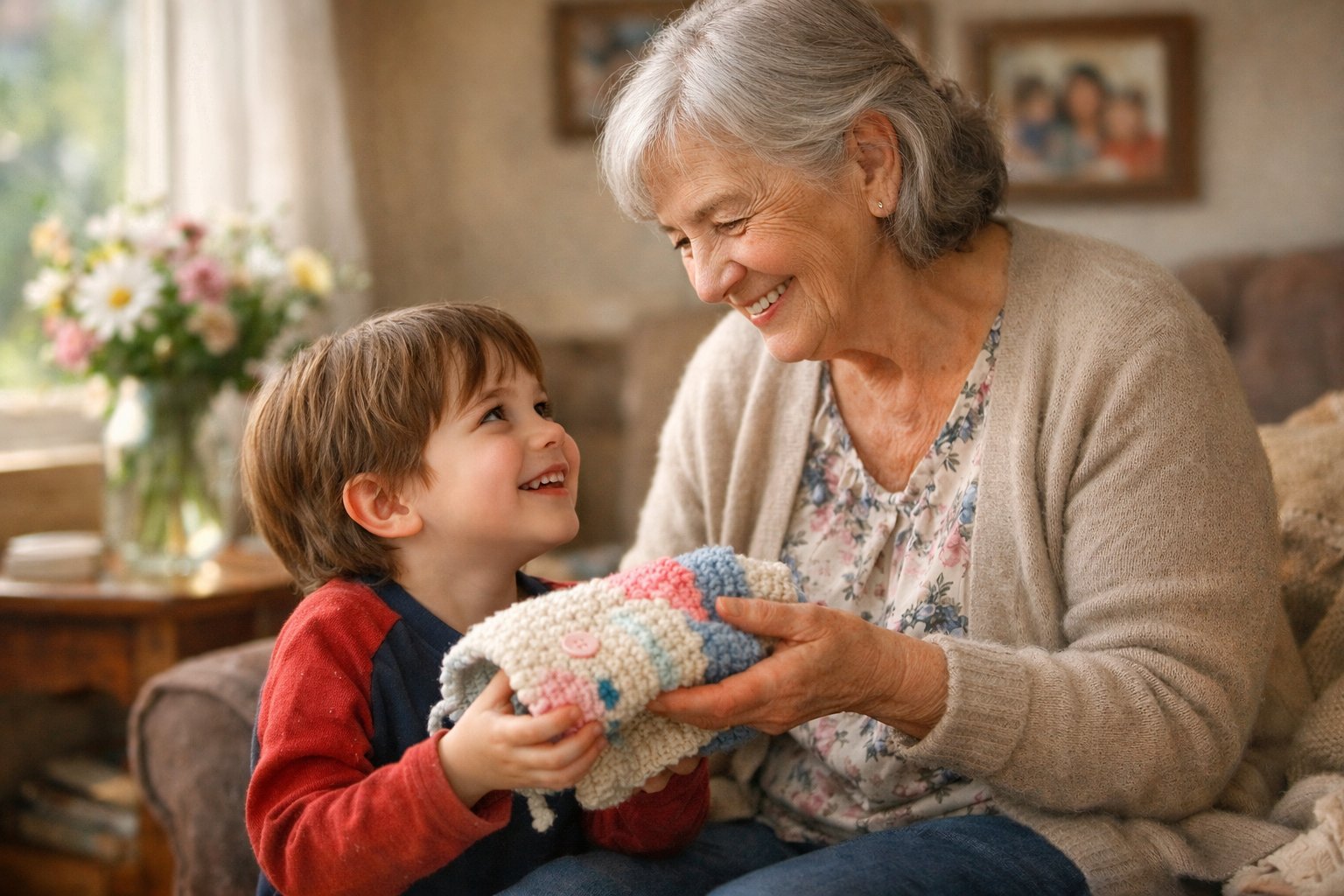 An elderly grandmother hands a knitted blanket to her smiling young grandchild in a cozy home setting.