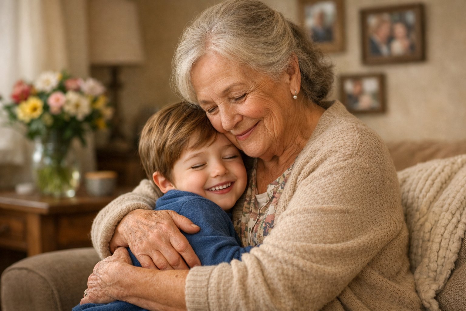 An elderly grandmother warmly embracing her young grandchild in a cozy living room.
