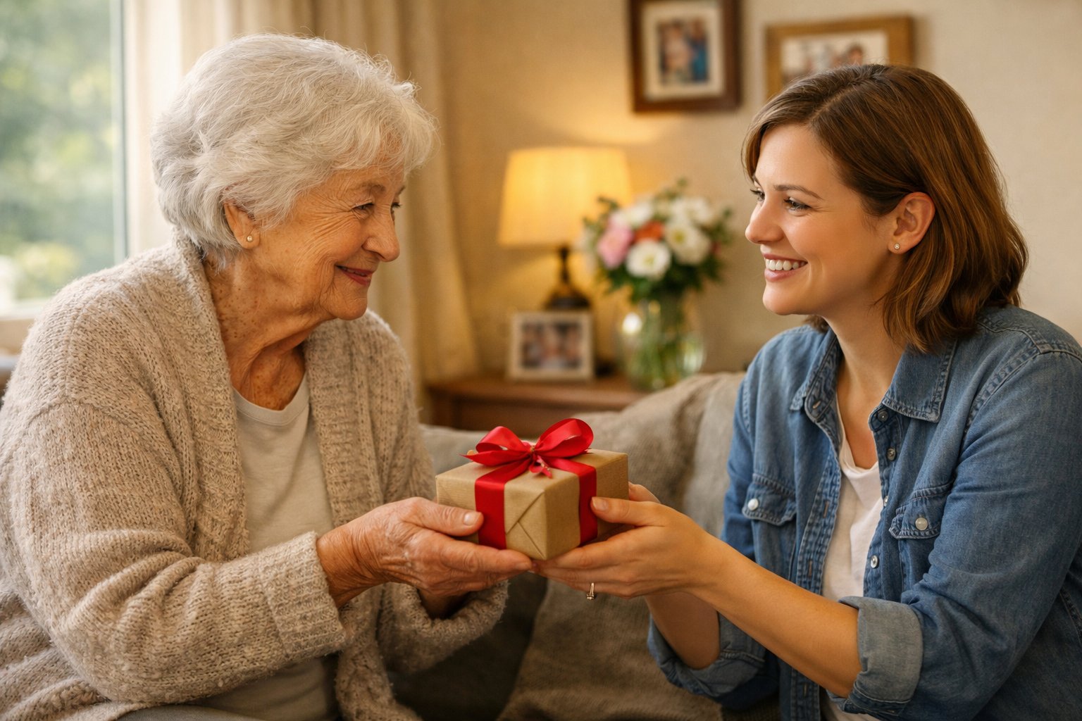 An elderly grandmother giving a small wrapped gift to her smiling adult grandchild in a cozy living room.