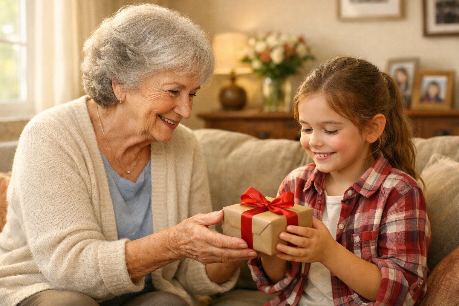 An elderly grandmother giving a small wrapped gift to her smiling grandchild in a cozy living room.
