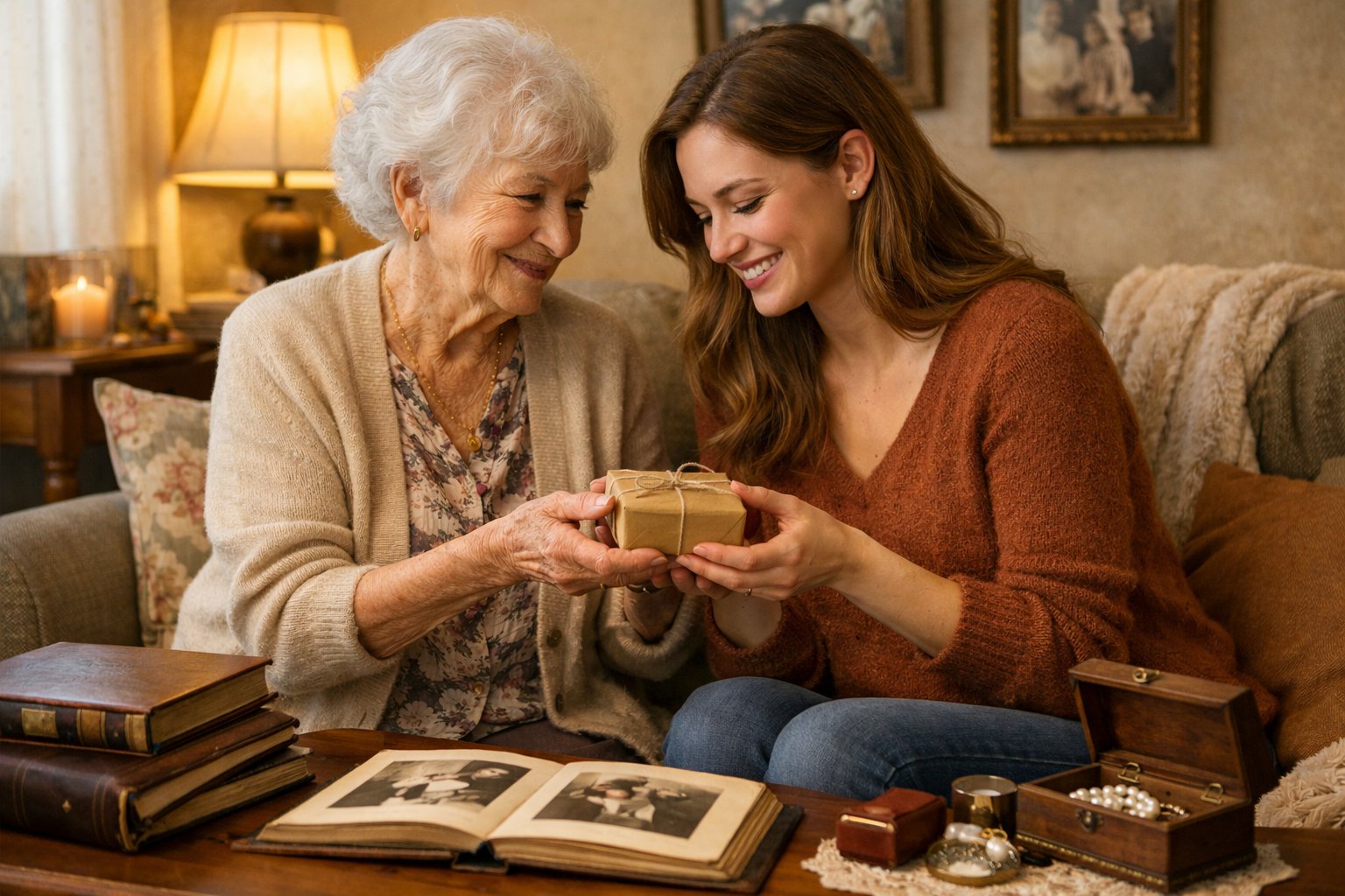 A grandmother giving a small gift to her adult granddaughter in a cozy living room, both smiling warmly at each other.
