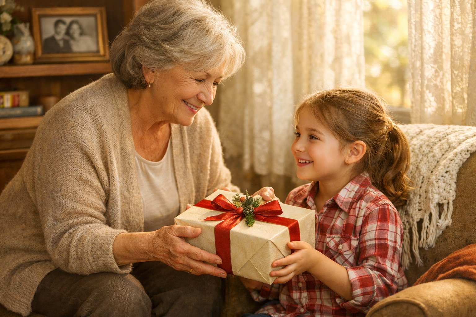 A grandmother giving a wrapped gift to her smiling grandchild in a cozy living room filled with warm sunlight.